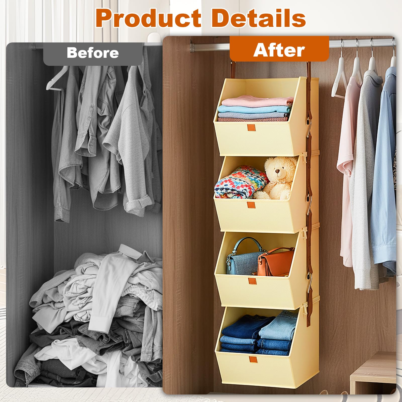 Étagère de Penderie à Suspendre, 4 Niveaux Étagère Suspendue Pliable pour Placard avec Crochets Métalliques Gain de Place Pliable Rangement Vêtements Organisateur Armoire Vetement