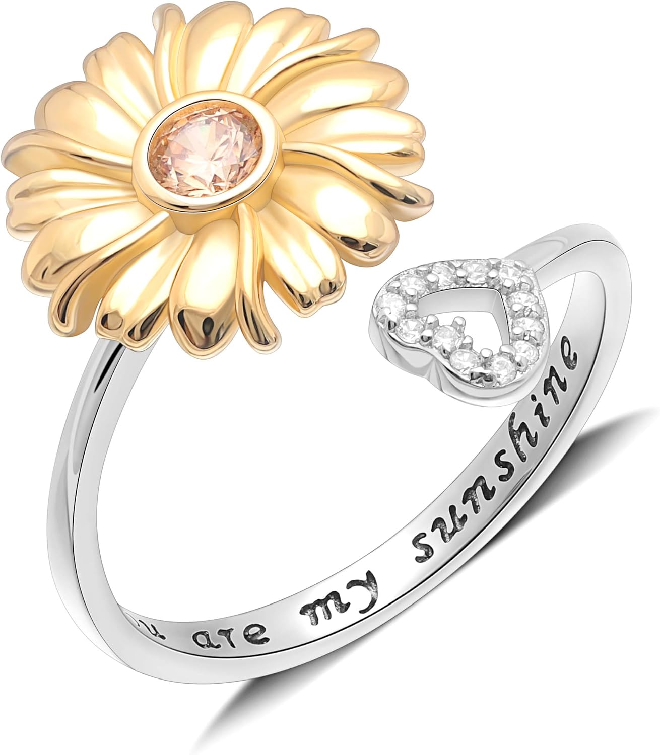 Sunflower Ring for Women by Ginger Lyne | Adjustable Wrap Champagne Cubic Zirconia Sterling Silver Statement Ring for Her | Engraved You Are My Sunshine Love Promise Fashion Jewelry