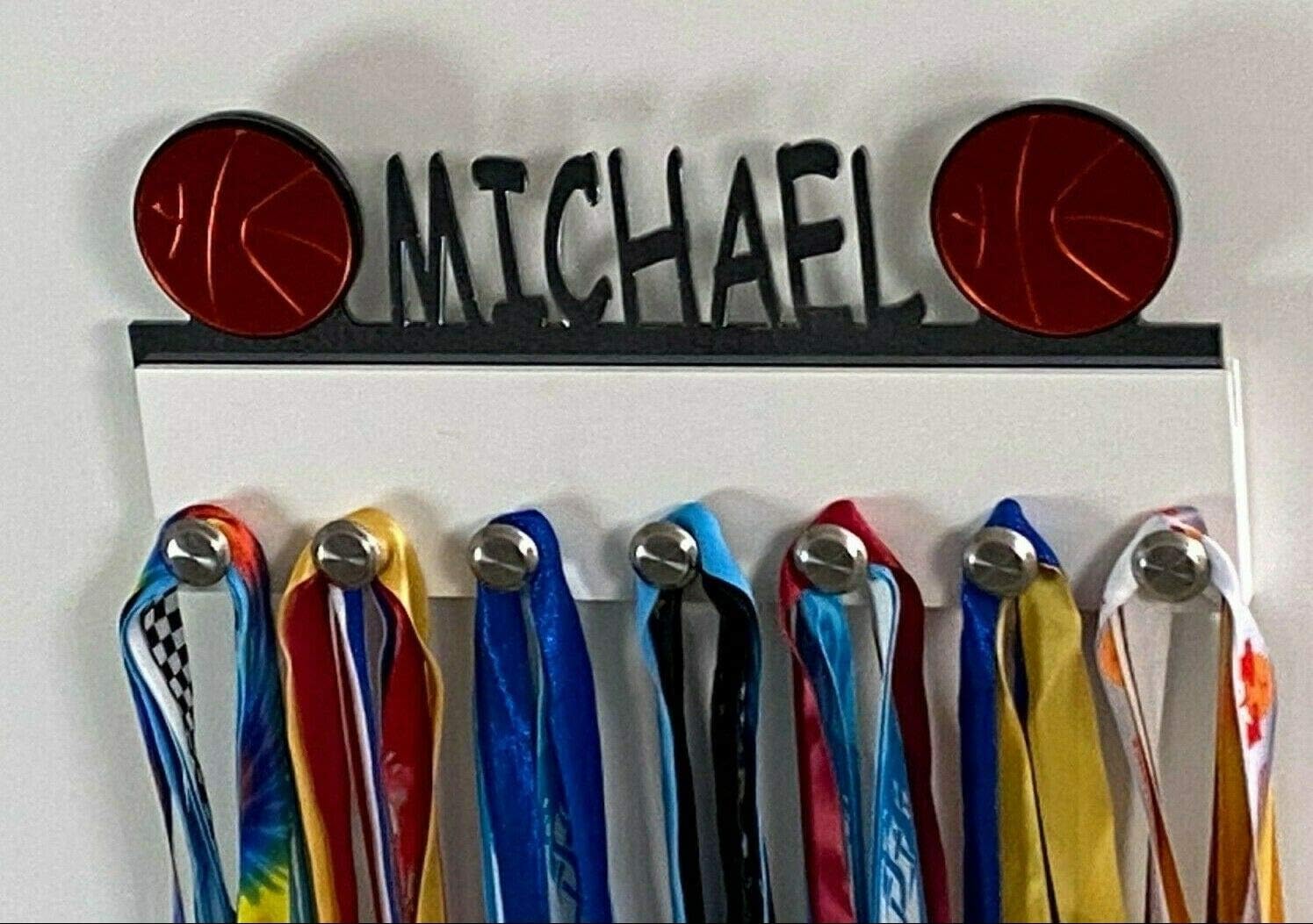 Custom Personalized Name Medal Holder Basketball Sports Display Awards Wall Organizer Hanger Rack with Hooks for 60+ Medals, Ribbons, Sports 16'' Wide, Made to Order with Your Name On It