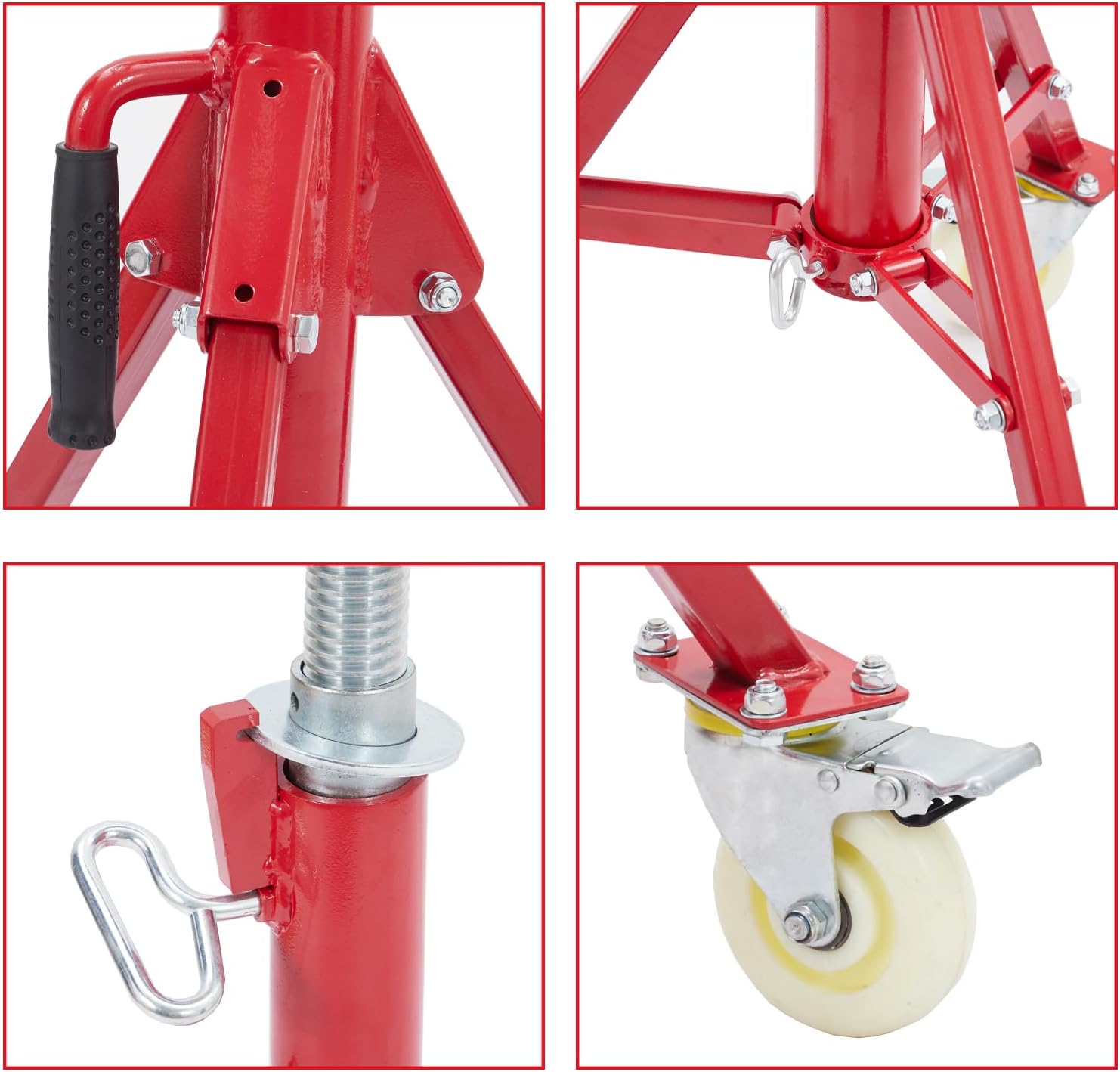 PioneerWorks V-Head Pipe Stand with Casters, V-Head Folding Jack Stand, 1100lbs Welding Stand Adjustable Height 28-52IN, Heavy Duty Carbon Steel Body, Steel Pipe Jacks for Welding