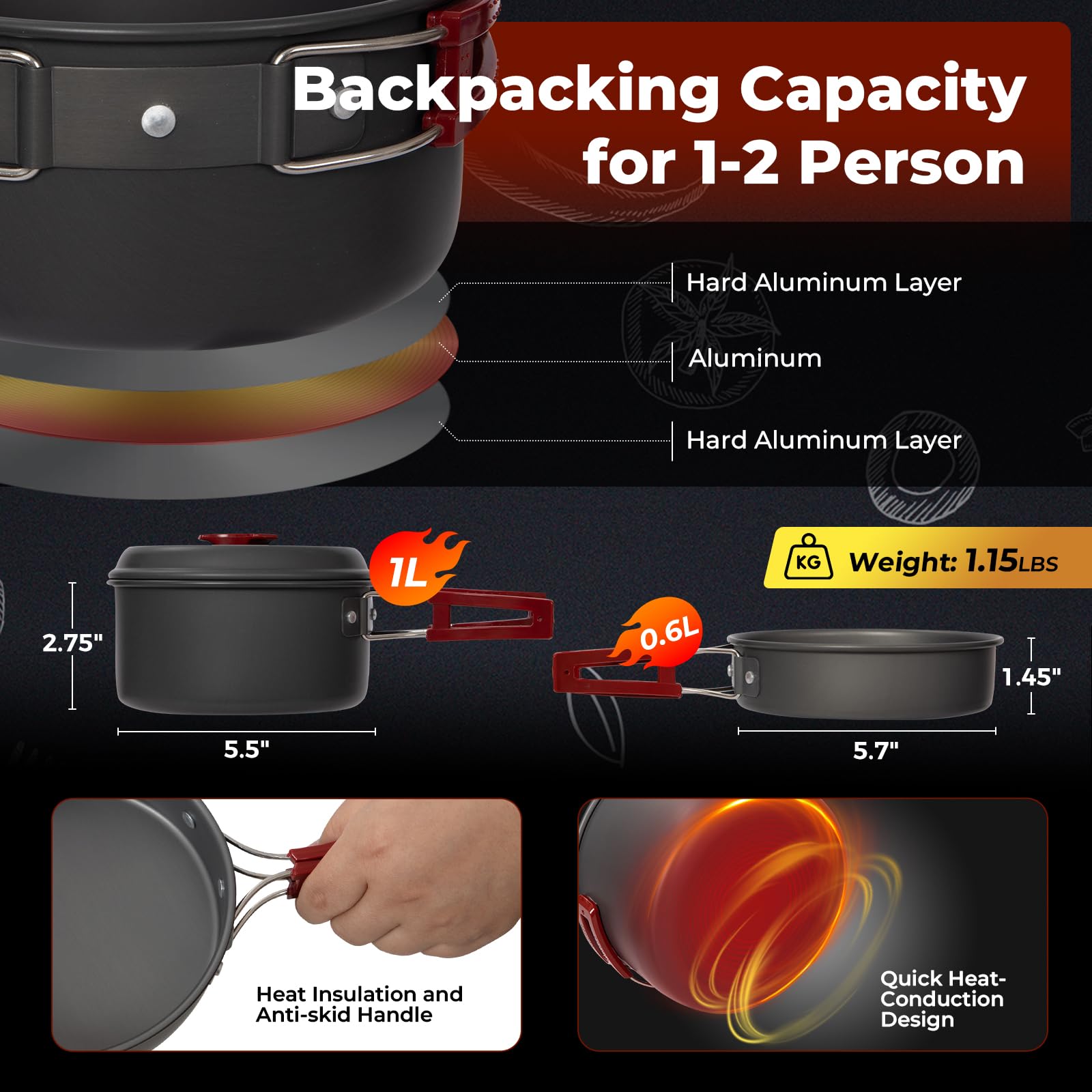 Camping-Kochset Aus Aluminium - 8-teilig, Leicht, Für 2-3 Personen, Outdoor