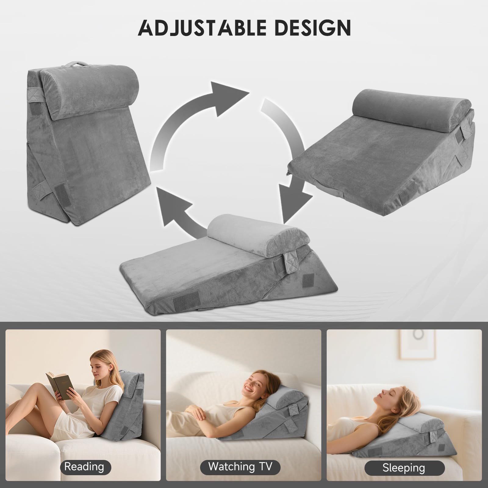 Lot de 3 coussins en forme de cale réglables avec surface en mousse à mémoire de forme pour le lit, coussin de dossier triangulaire avec soutien dorsal pour se lever 56 × 56 × 26 cm