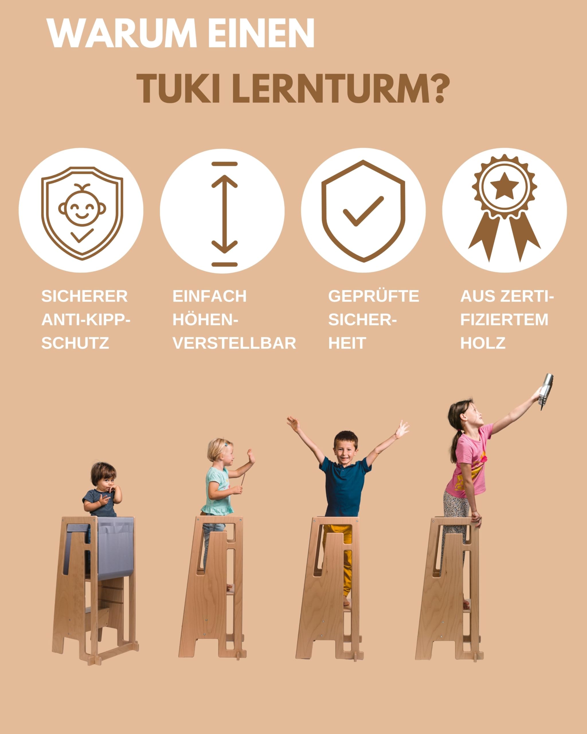 Tuki Lernturm ab 1 Jahr für Kinder Nature | Höhenverstellbar, hohe Standsicherheit, ergonomisches Design | Langlebiger Montessori Learning Tower hilft bei Motorik & Lernen