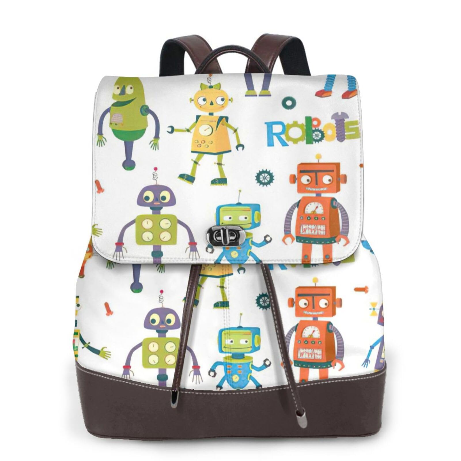 Sac à dos en cuir noir imprimé robots mignons pour femmes taille unique polyvalent - 5