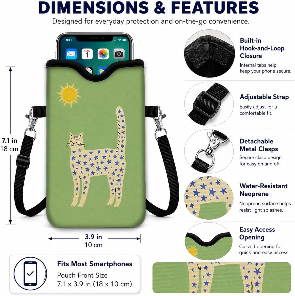 Neoprene Phone Sleeve Pouch Case Bag with Crossbody Strap, Cat And The Sun image 2