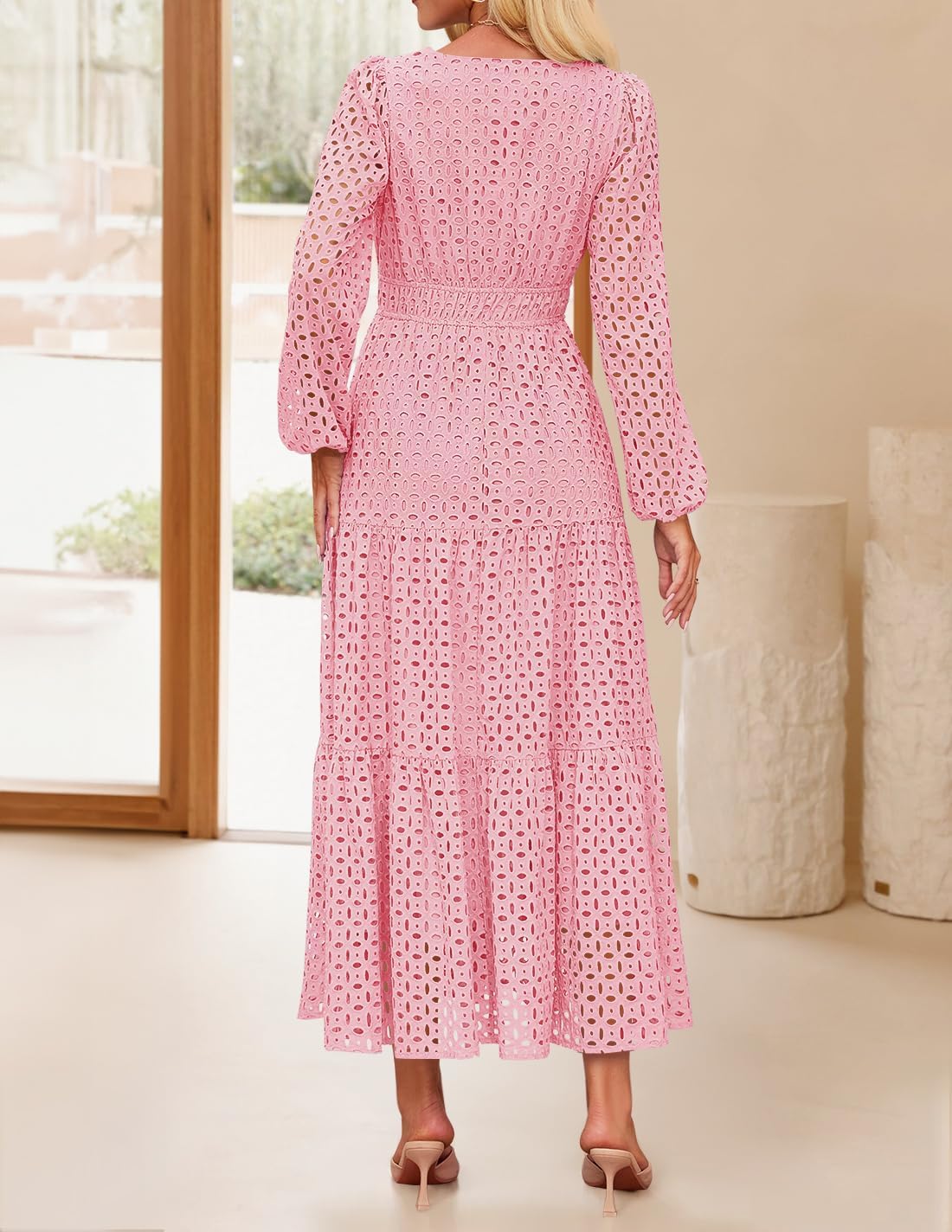 ZESICA Women's 2026 Spring Long Sleeve Maxi Dress V Neck Hollow Out Eyelet A Line Long Flowy Casual Party Dresses - Image 4