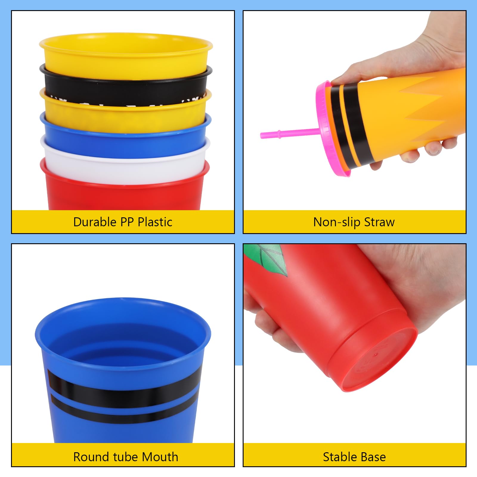 Lot de 24 gobelets réutilisables en plastique avec couvercle et paille - 710 ml - Pour cadeaux de fête, d'anniversaire, d'échange de salle de classe - Motifs de papeterie
