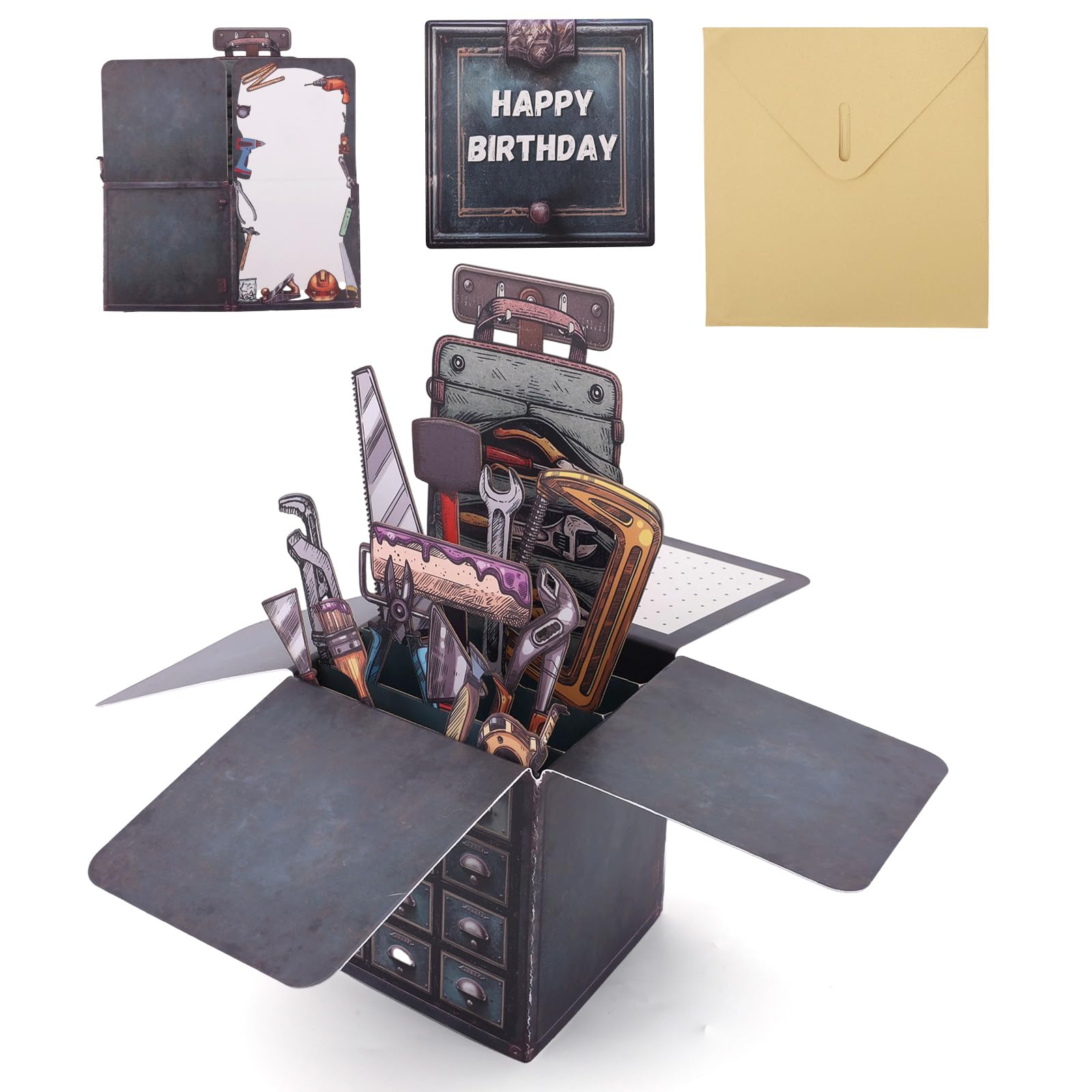 Toolbox Pop Up Card, 3D Toolbox Happy Birthday Greeting Pop Up Card with Envelope Funny Creative Gift Box Suitable for Men Dad Husband Grandpa