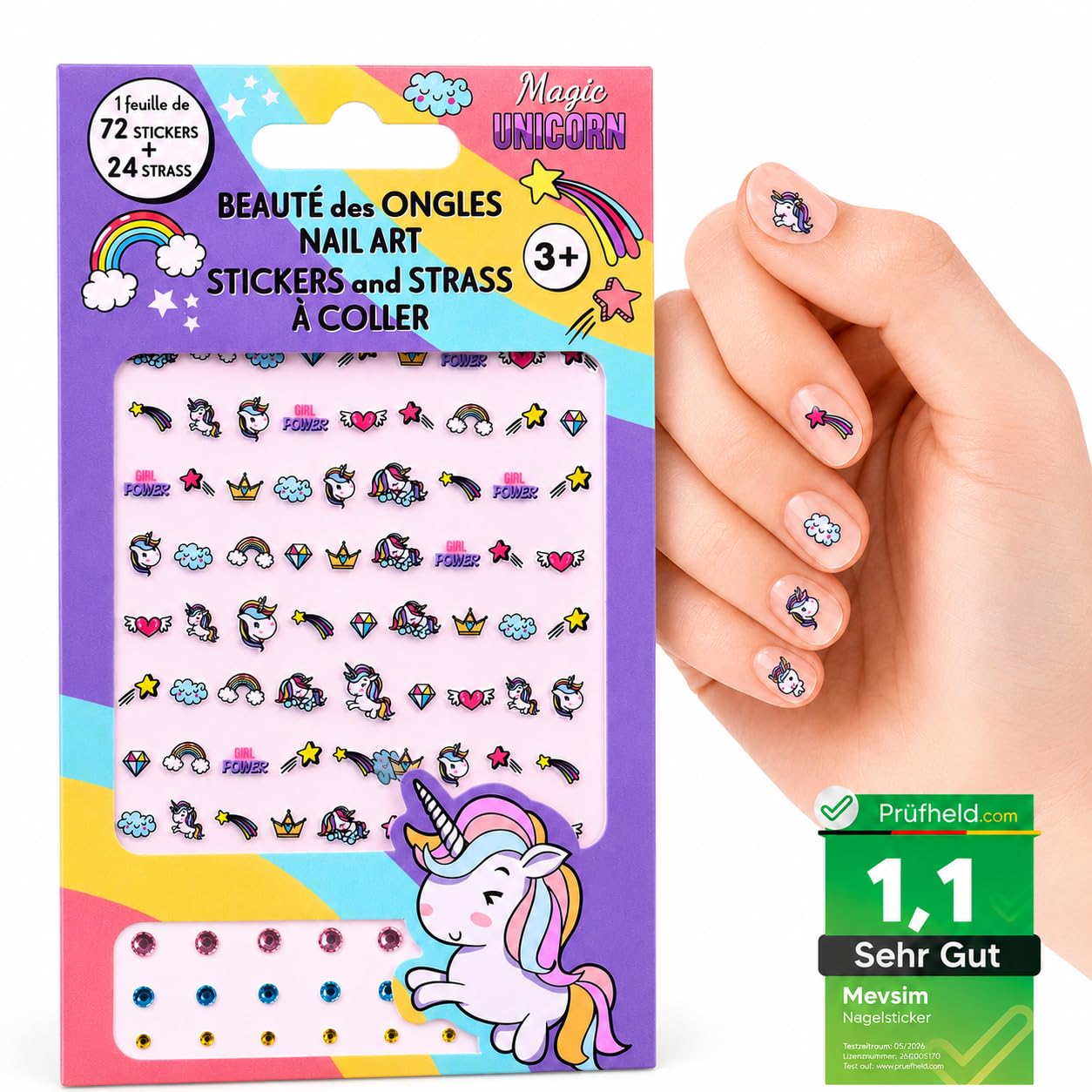 Unicorno Adesivi per Unghie Bambina – 72 Sticker Unghie Autoadesivi + 24 Strass 3D, Senza Colla, Facili da Applicare e Rimuovere, Nail Art Bambini, Decorazione Unghie Colorata