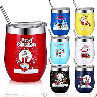 Layhit 7 Set Christmas Gifts Wine Tumbler with Lid Straw and Brush 12oz Insulated Stainless Steel Wine Cup Holiday Thank You Gift for Employee Coworker Operation Christmas(Classic Style)