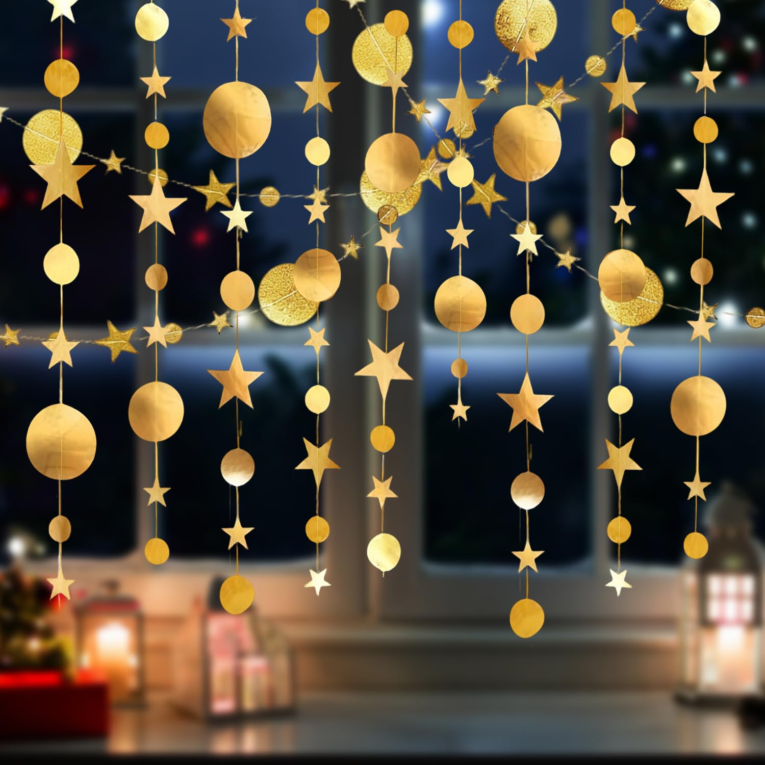 IGXX 4 Pack Gold Glitter Paper Garland - 52Ft Star & Circle Party Decorations for Birthday, Wedding, Baby Shower — image 1