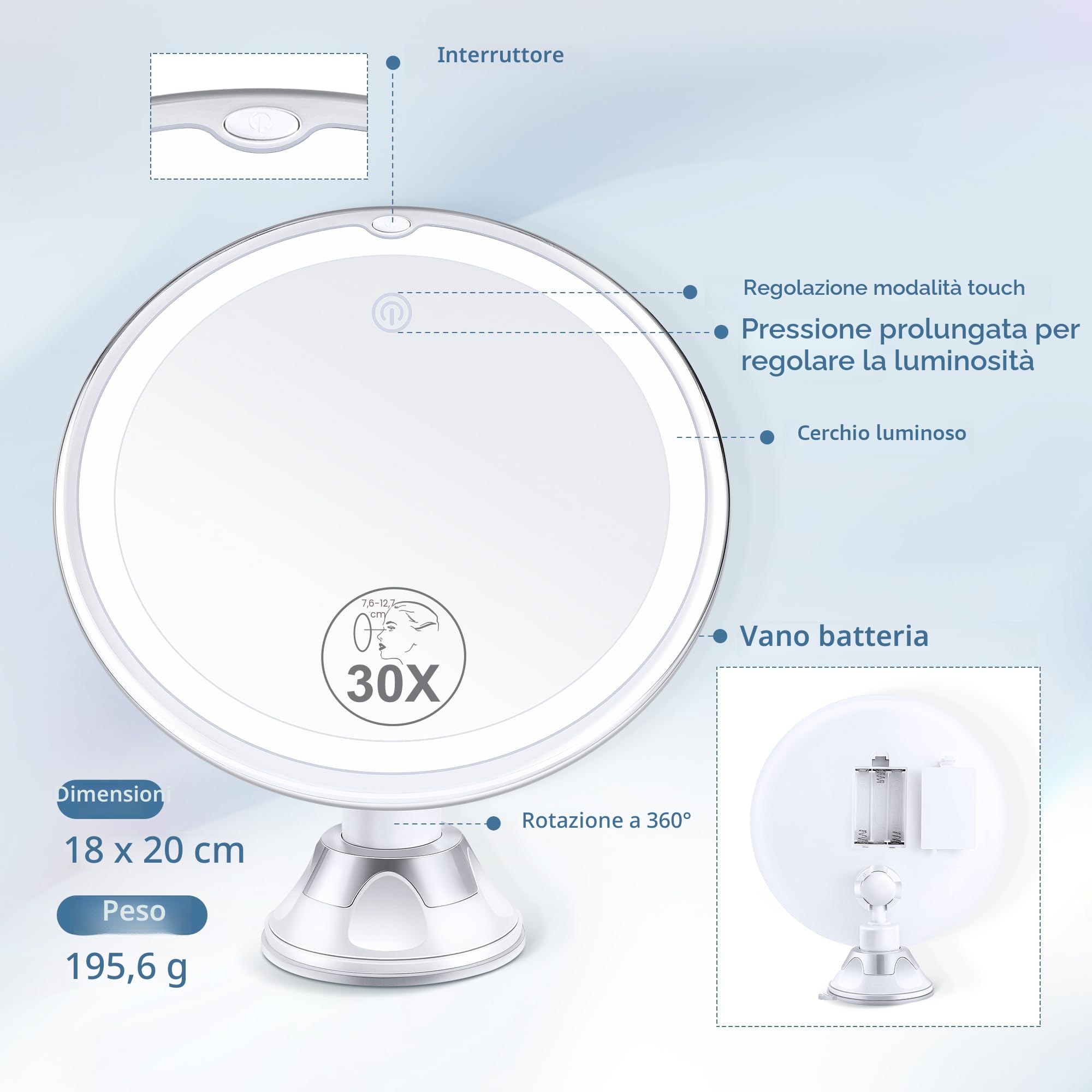 MIYADIVA Specchio Ingranditore con Luce 30X, Specchio Bagno con Ventosa, 3 Modalità di Colore e Luminosità Regolabile, specchio per bagno 20 cm