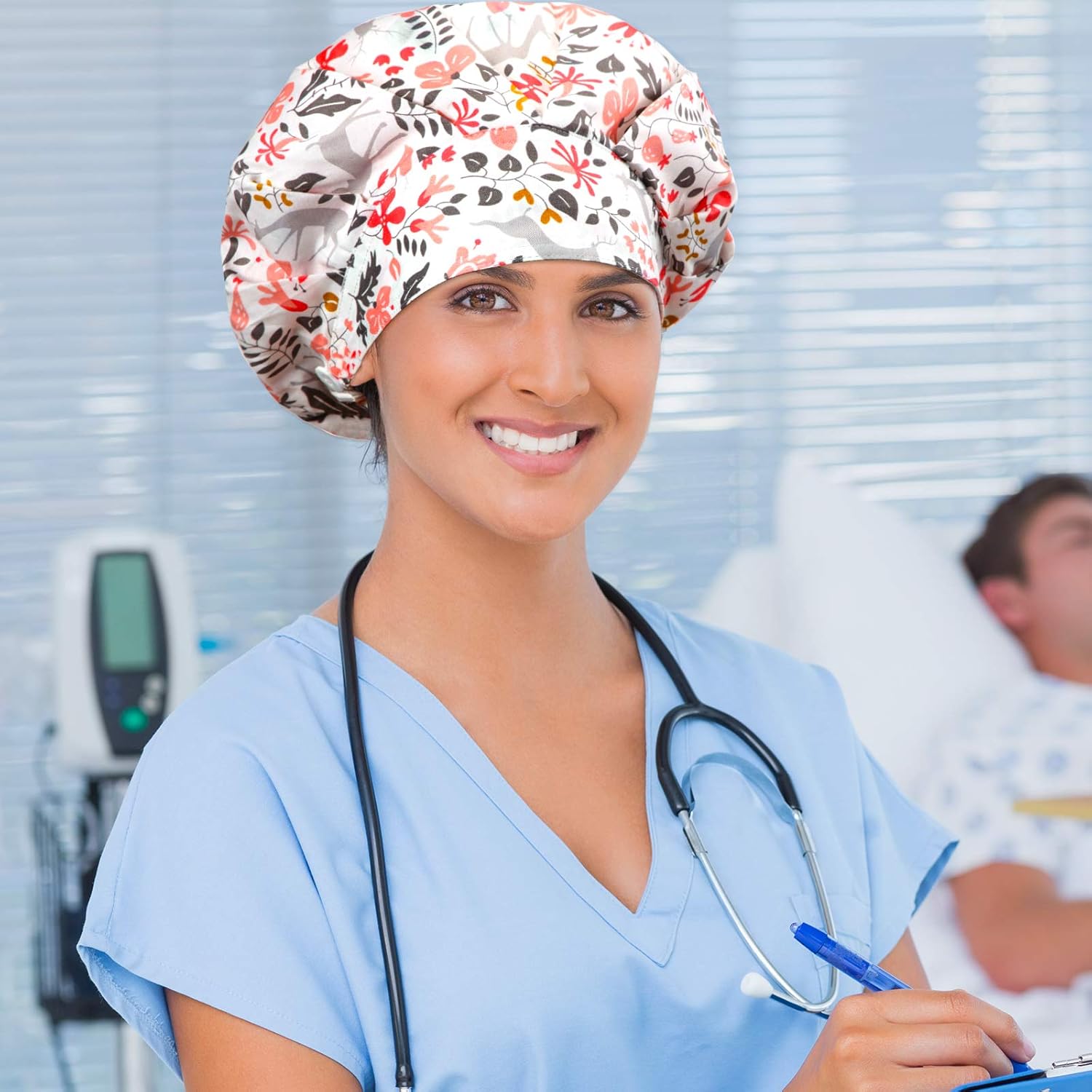 Geyoga 12 Pieces Bouffant Caps for Women Adjustable Nurse Working Hats with Button and Sweatband Printed Caps for Men Women - Image 4