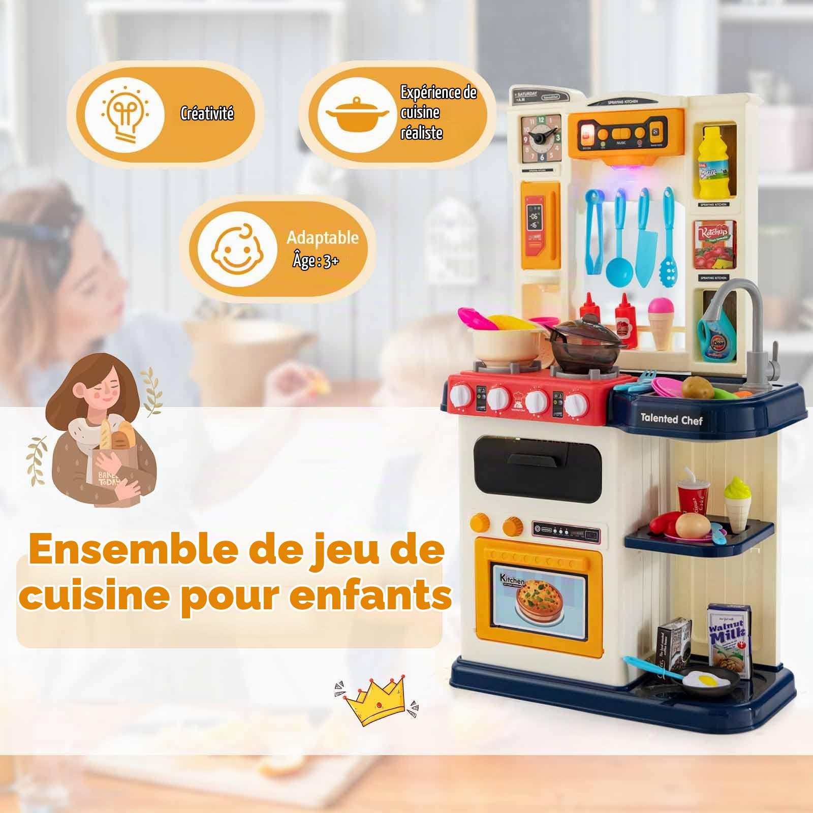 HOMASIS 65 Piece Cuisine Jouet, Ustensiles de Cuisine Accessoires avec Lumière et Son, Simulateur de Cuisine, Evier à Eau Automatique, Set de casseroles et poêles, pour Les Enfants de 3+ Ans (Bleu)