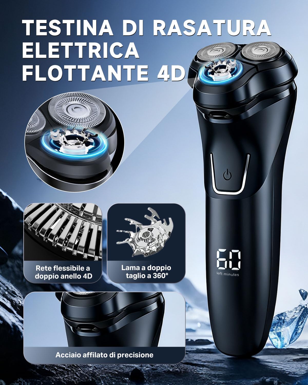 Rasoio Elettrico Uomo con Display LCD, IPX6 Impermeabile per Rasatura a Secco e Umida, Testine Flottanti 4D, 120 Min Autonomia, Rasoio Barba Ricaricabile con Blocco da Viaggio