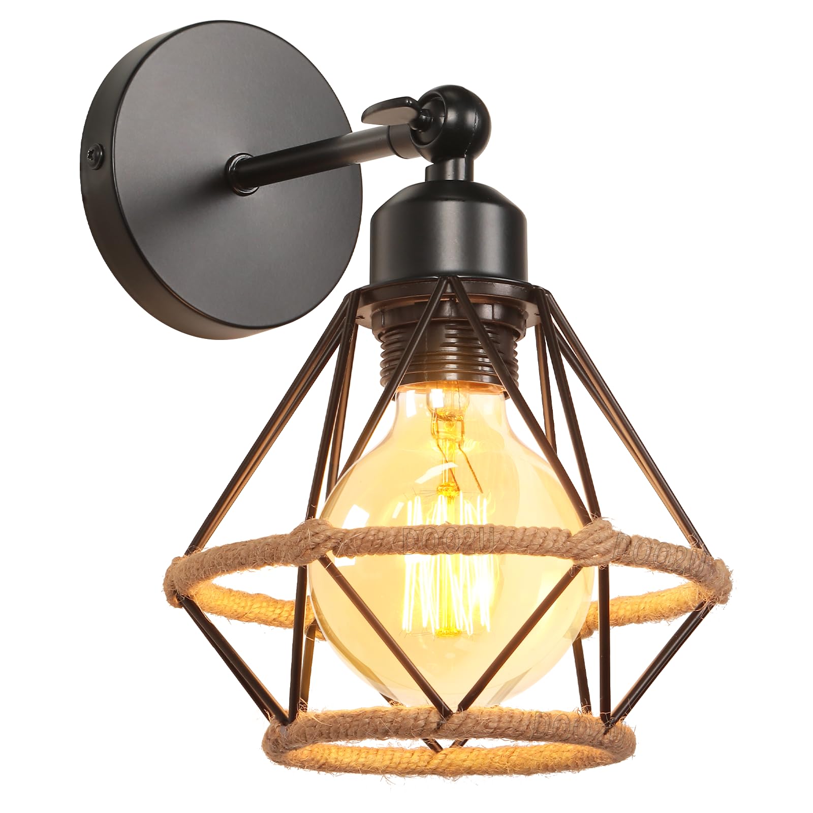 Lámpara de Pared Vintage Industrial Aplique Pared Interior E27 Metal con Cuerda de Cáñamo Retro Diseño de Jaula Luz de Pared Ajustable Iluminación para Dormitorio Pasillo Cocina (Aplique - 1 pieza)