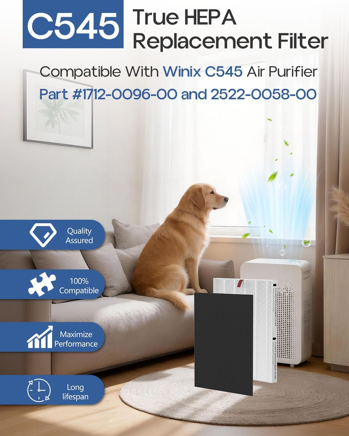 C545 H13 HEPA Replacement Filter S Compatible with Winix C545 Air Purifi-er, Replaces Parts 1712-0096-00 and 2522-0058-00, 4 HEPA Filter S and 8 Activated Carbon Filters
