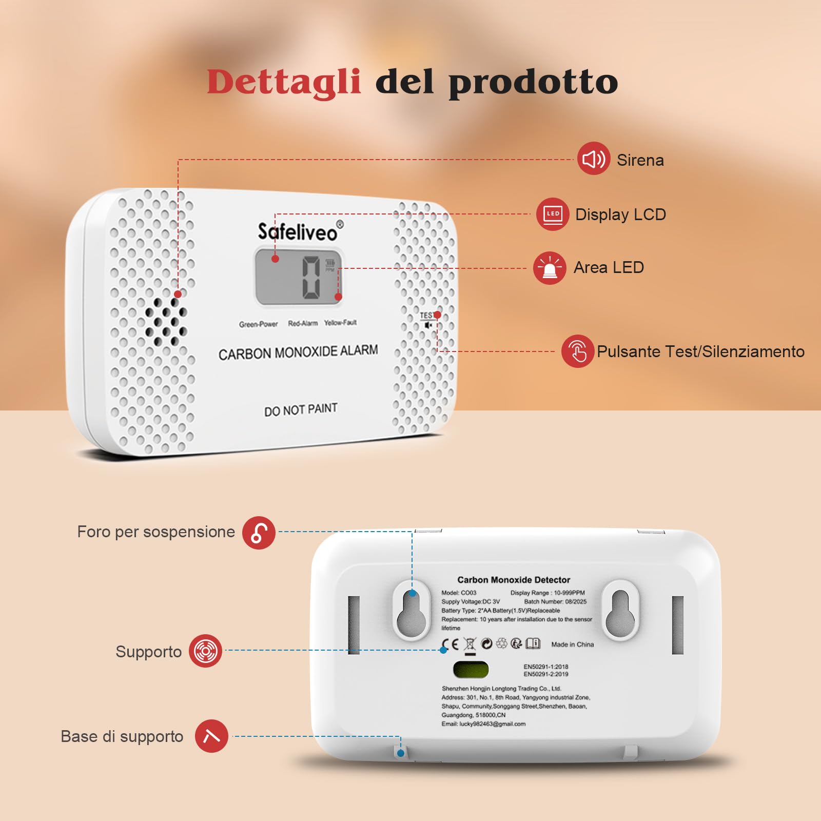 Safeliveo Rilevatore di Monossido di Carbonio con Schermo LCD, Sensore CO con Batteria Sostituibile, Pulsante Test e funzione Mute,Rilevatore Monossido Portatile per Casa,Viaggio, EN 50291-2 pezzo