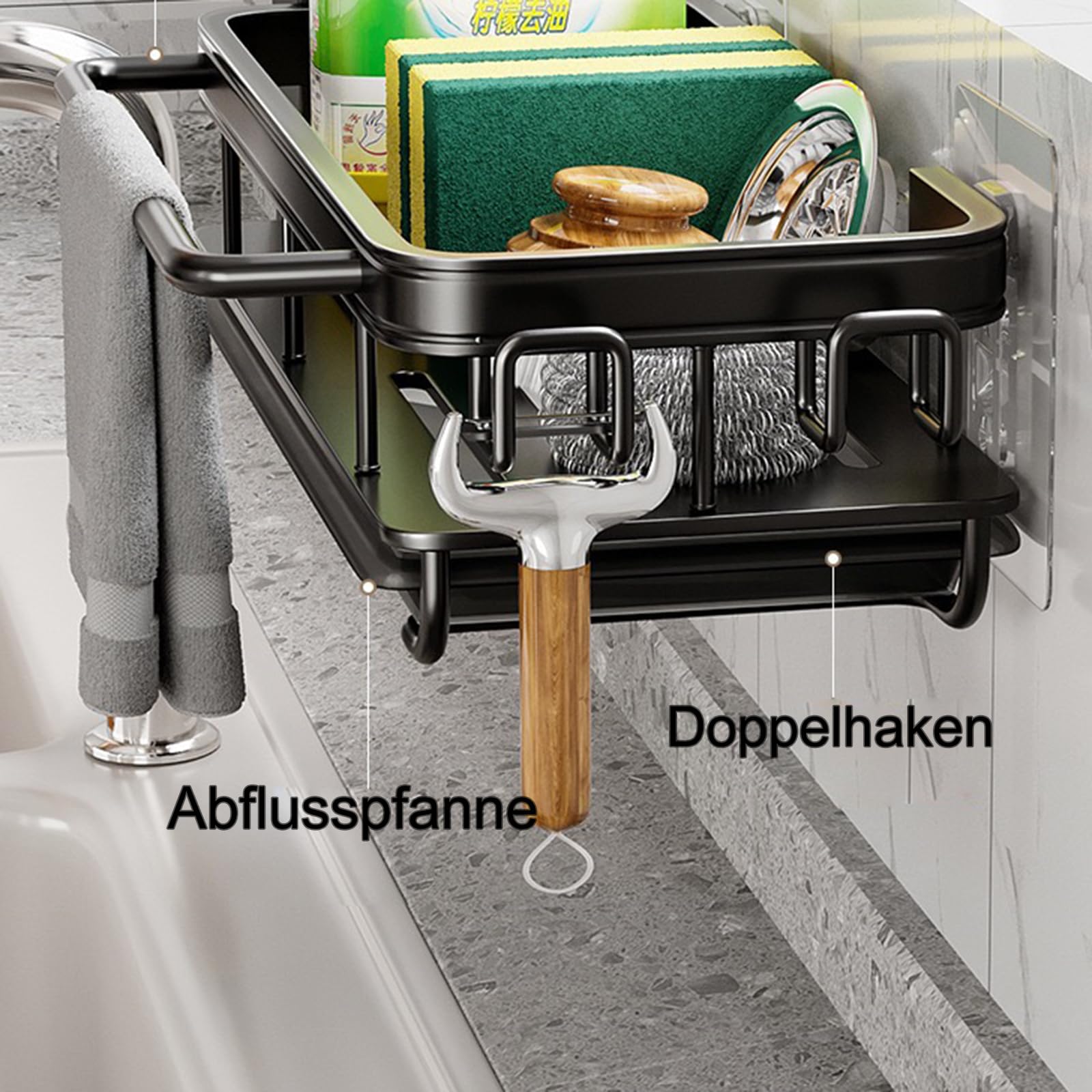 Küche Spülbecken Organizer Schwammhalter mit Abflusspfanne Küchen Spüle Organizer mit Spültuchhalter und Zwei Haken，Metalle Hängender Küchenorganizer Badezimmer - Ohne Bohren (Schwarz)