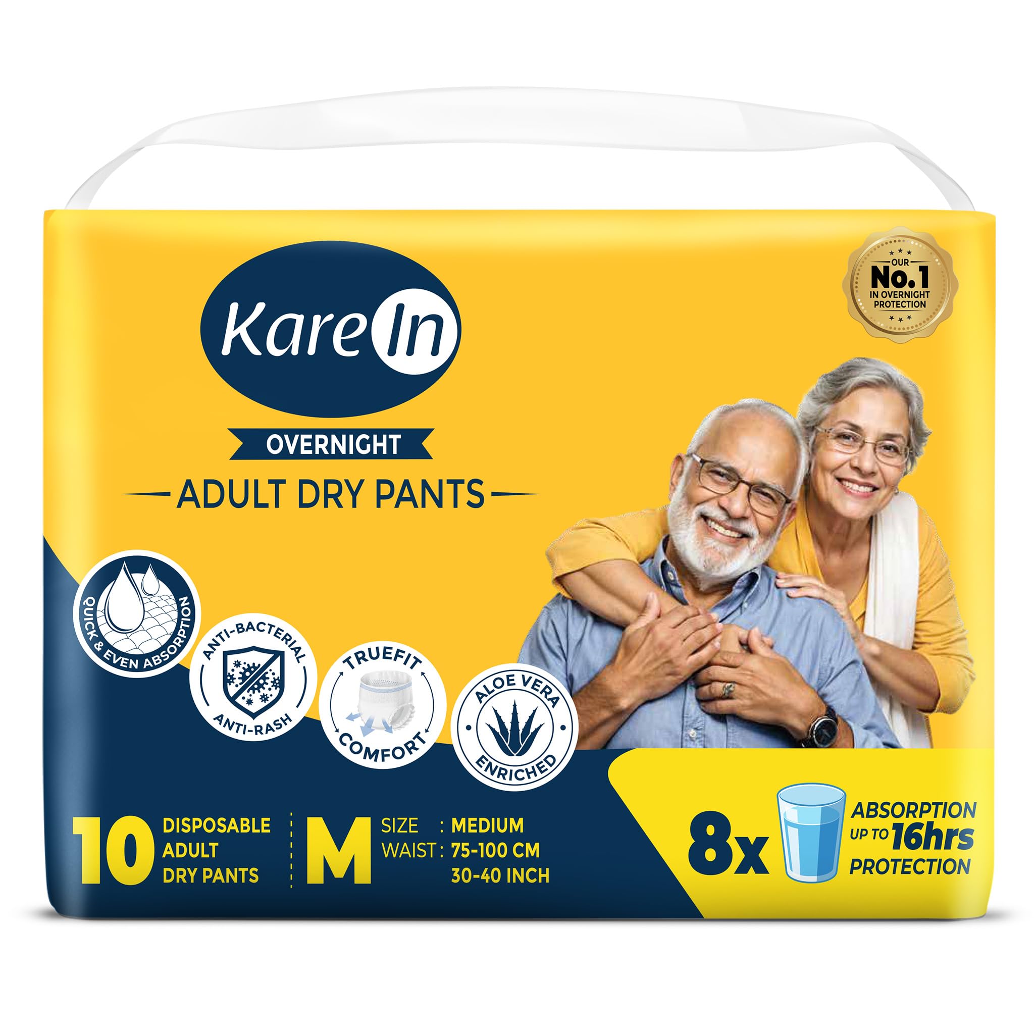 KareIn Overnight Adult Diaper Pants, Medium 75-100 Cm (30"- 40"), 10 Count, Unisex, Leakproof, Elastic Waist, With Aloe Vera Lotion, Anti-Bacterial, ADL, Wetness Indicator