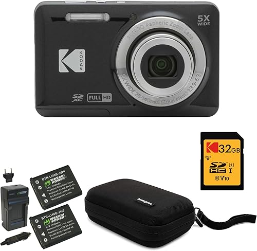 Kodak PIXPRO Friendly Zoom FZ55 Cámara digital (negro) Paquete con tarjeta SD de 32 GB, funda para cámara y cargador de viaje de batería (4
