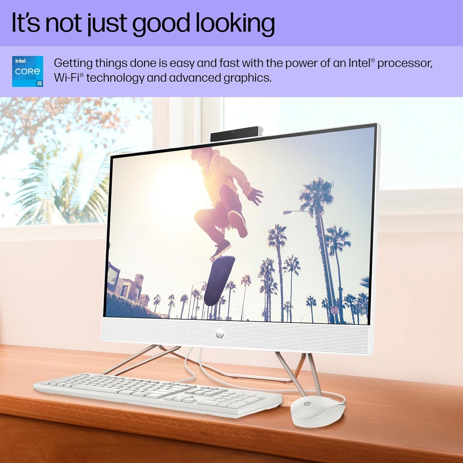 HP 24-CB100 All-in-One Desktop displaying a vibrant image, highlighting the Full HD IPS screen quality.