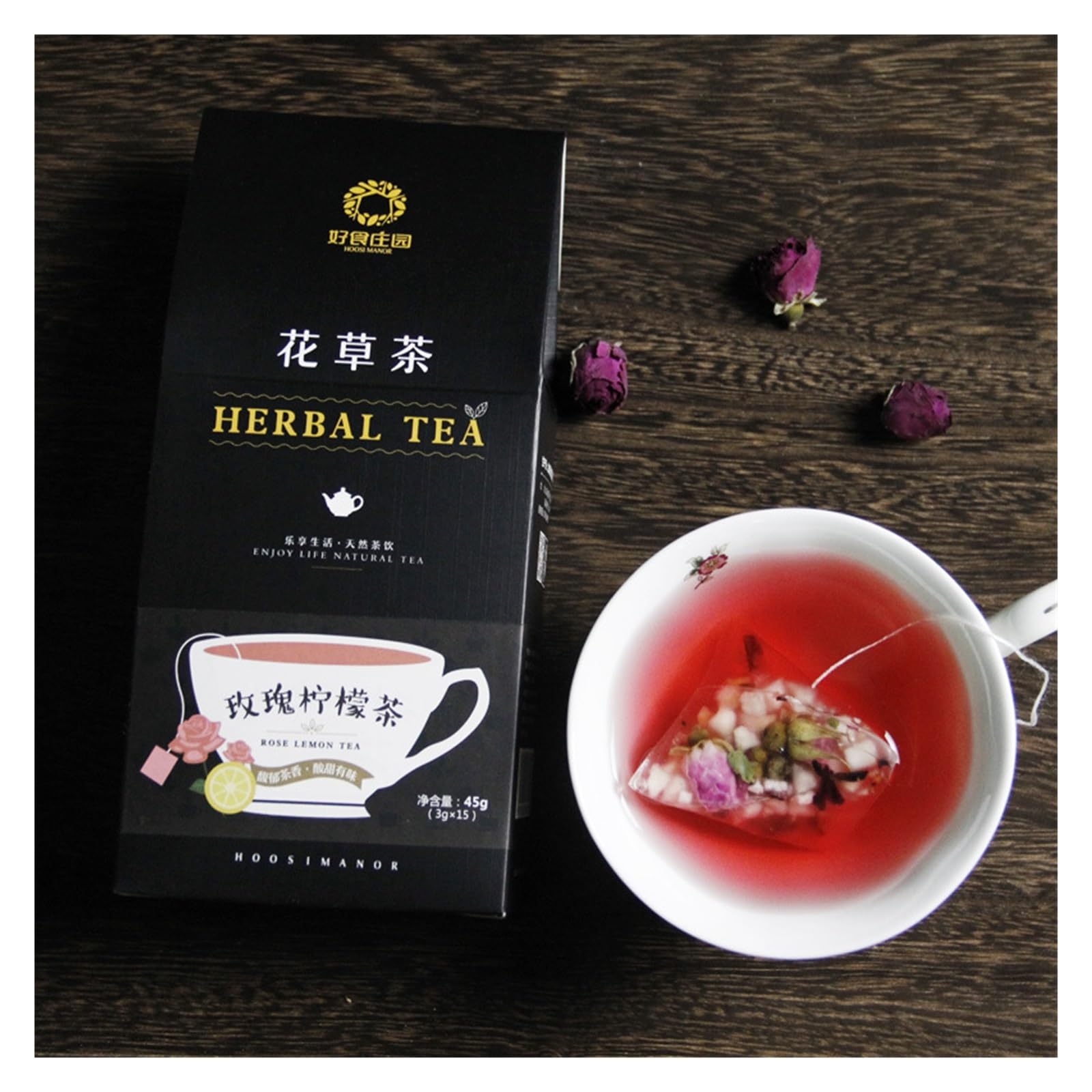 Herbata różana, cytrynowa i hibiskusowa, 45 g, 15 pojedynczo pakowanych trójkątnych torebek, mieszanka ziół i owoców(5pcs)