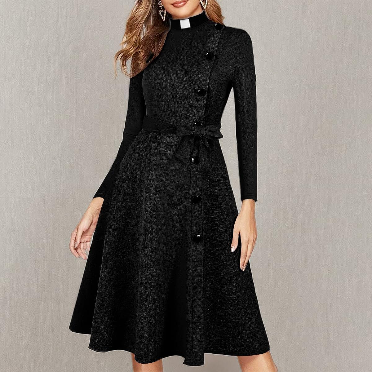 FAD-4U Church Clergy Dress for Women Spring/Autumn Long Sleeve Rows Buttons A Line Dress with Tab Collar and Belt - Image 8