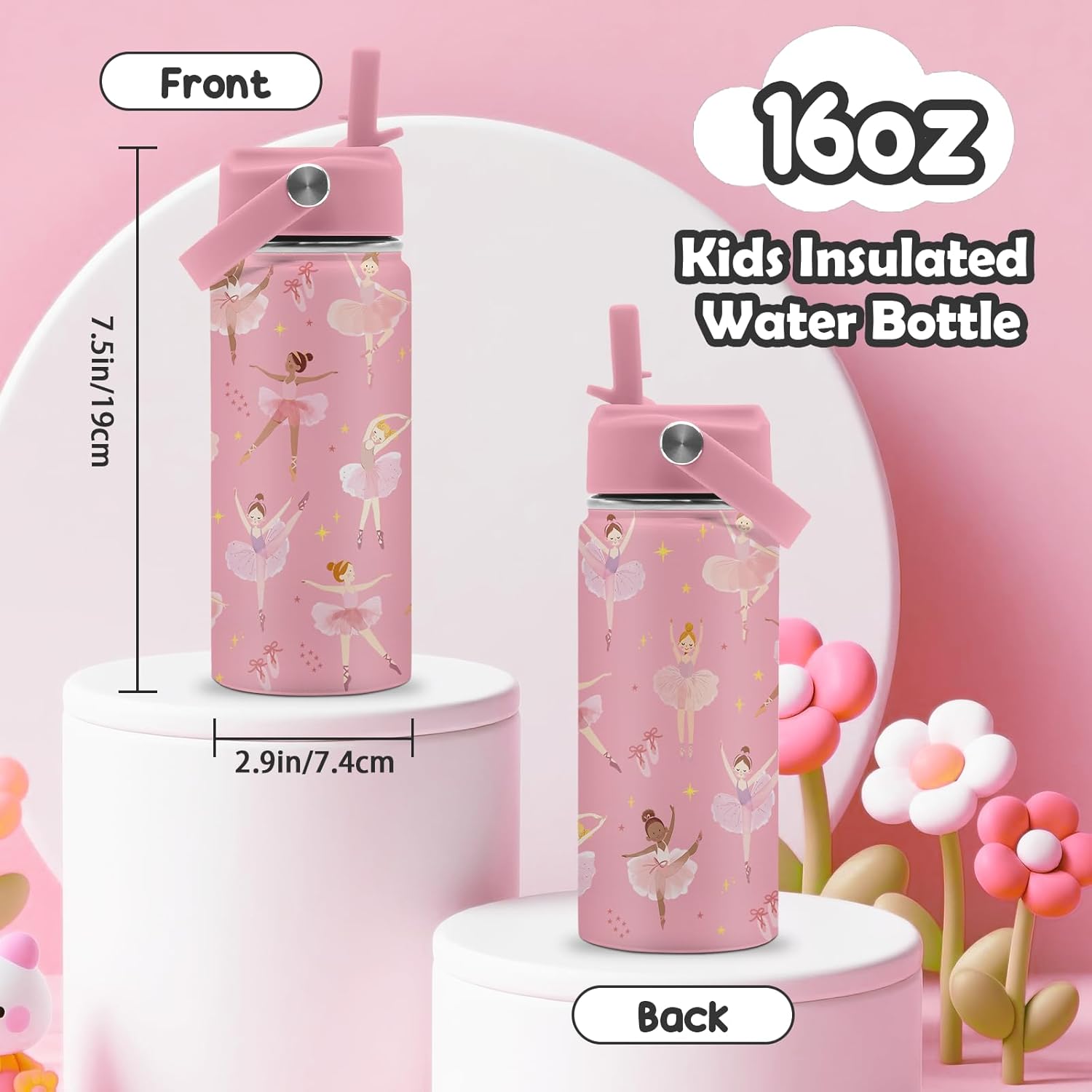 ROVOZAR Ballet Water Bottle for Girls - 16oz Dance Stainless Steel Water Bottle with Straw - Cute Dancer Insulated Cup - Pink Ballerina Kids Tumbler for School, Sports, Travel - Image 3