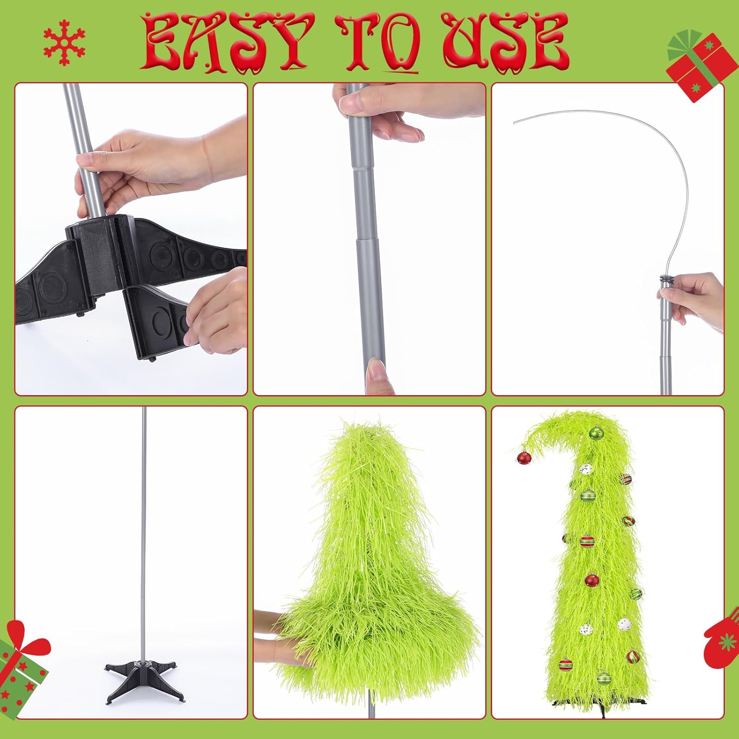 Leyndo 5 ft Whimsical Christmas Tree with 12 Pcs Ball Ornaments Pop up Lime Green Xmas Trees Curved Artificial Christmas Tree with Stand for Living Room Indoor Home Office Party Decor Supplies