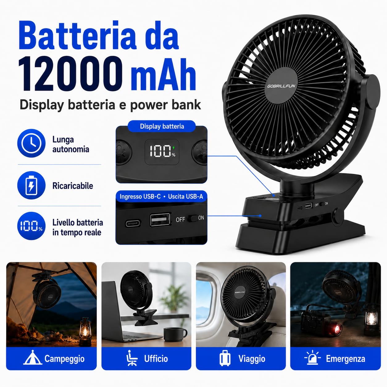 Ventilatore a clip da 12000 mAh con telecomando, ricaricabile tramite USB con luci LED, ventilatore a batteria con 5 velocità per ufficio, viaggi all'aperto, campeggio, tenda (8,3 pollici)