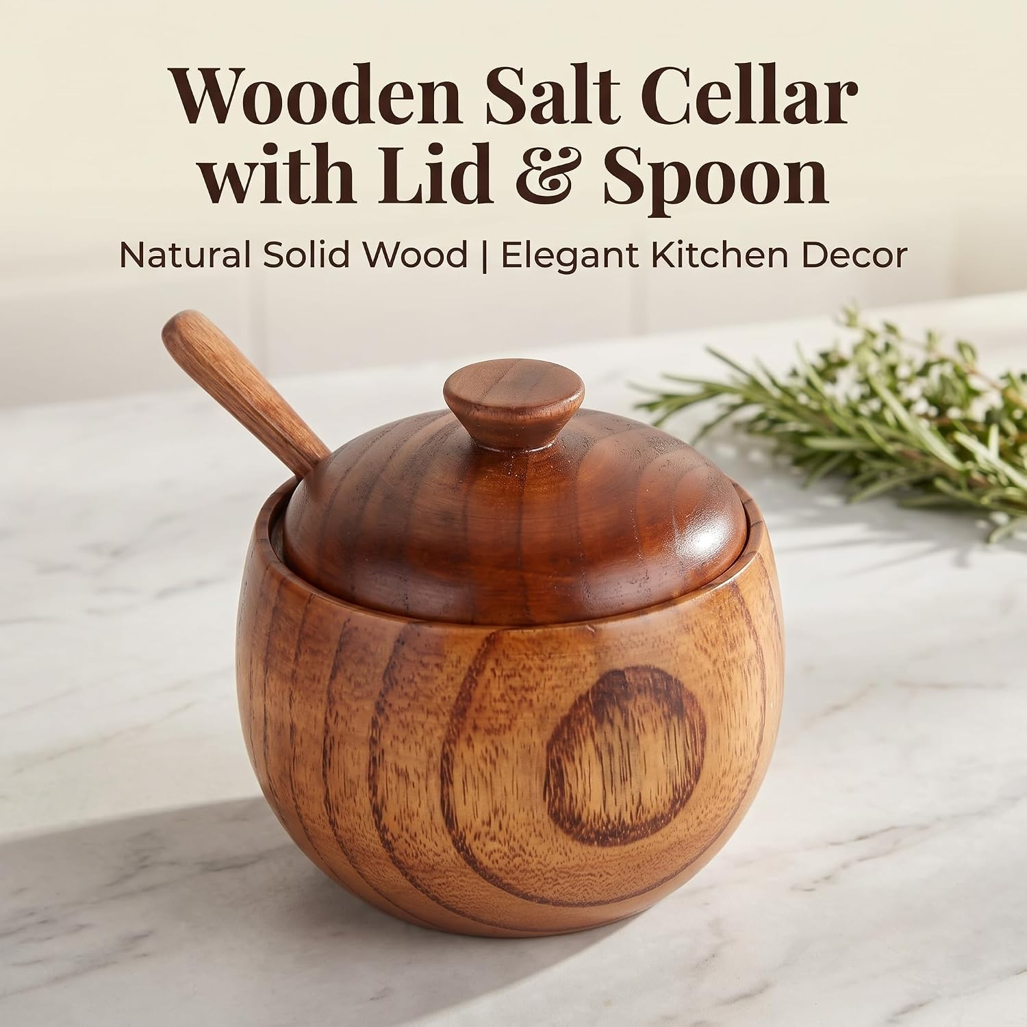 Wooden Salt Cellar with Lid & Spoon, Solid Wood Seasoning Jar