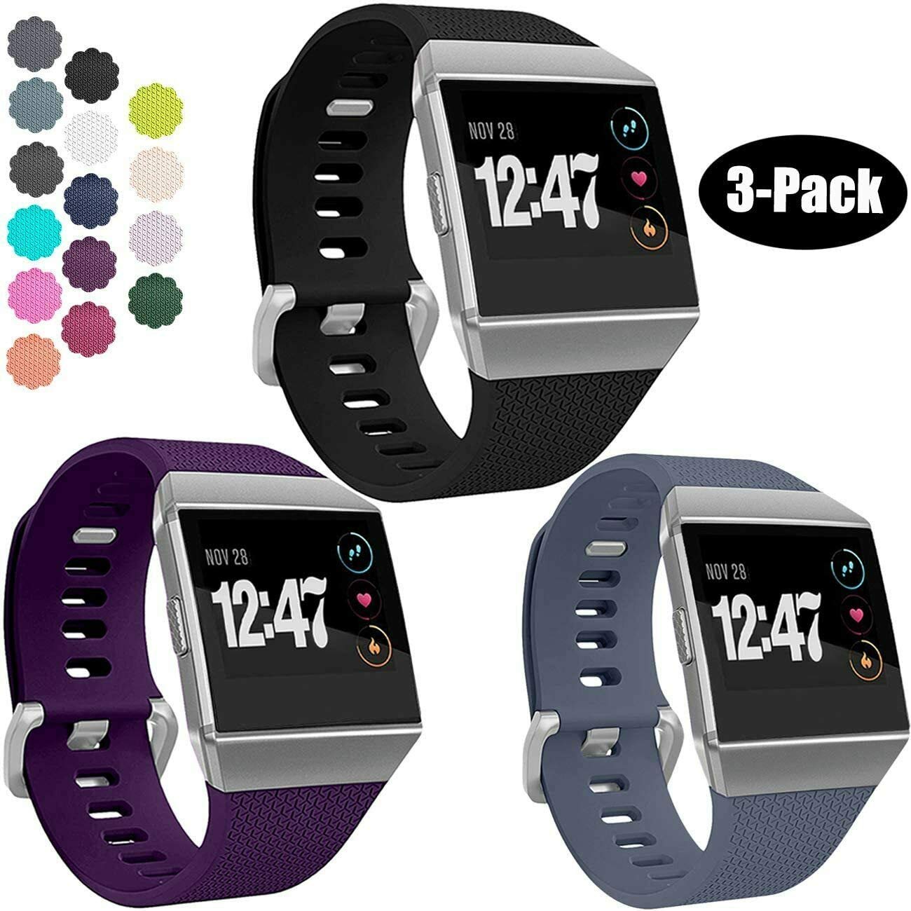 Bobo Compatible with Fitbit Ionic Strap Replacement Band Classic Metal Buckle Wristband Women Men… (Large (6.7" - 8.1"), Pack B (3 Straps))