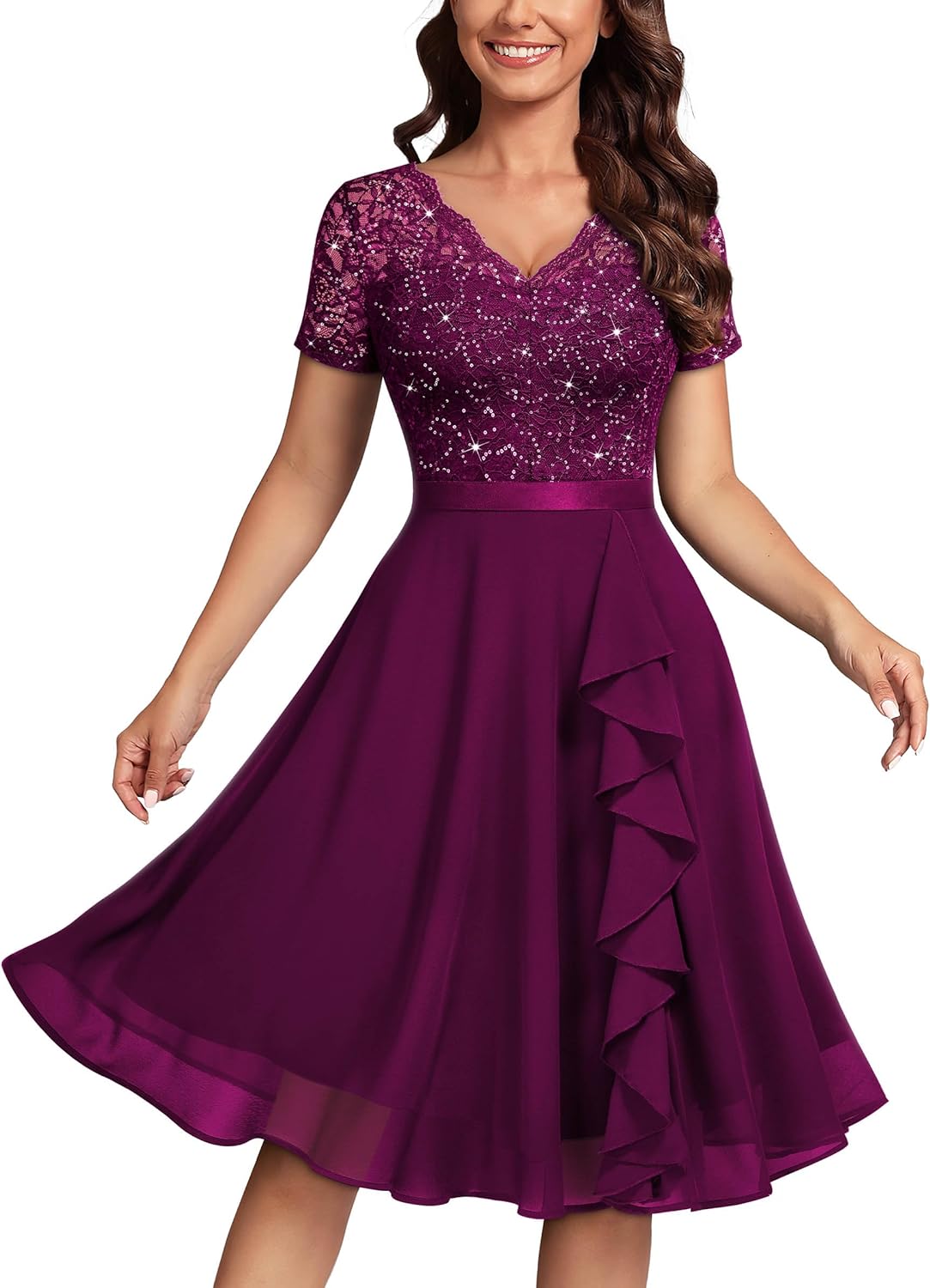 MISSMAY Women's Elegant Style Sequin Lace A-Line Cocktail Party Dress