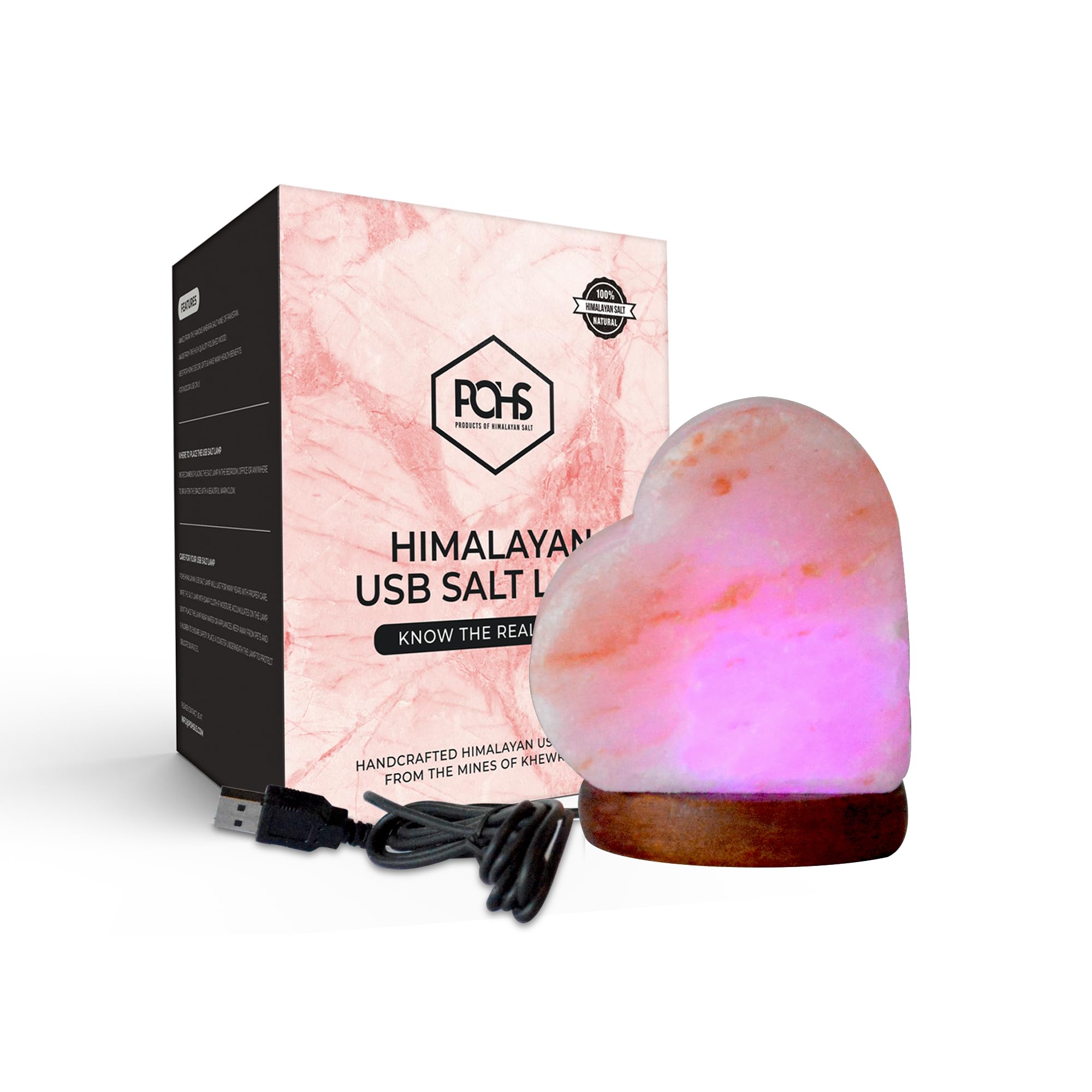 POHS USB Himalayan Mini Heart Salt Lamp, 7 Color Changing LED Bulb, Hand Crafted Crystal Rock Salt Night Light for Home Decor, Desk, and Gift |