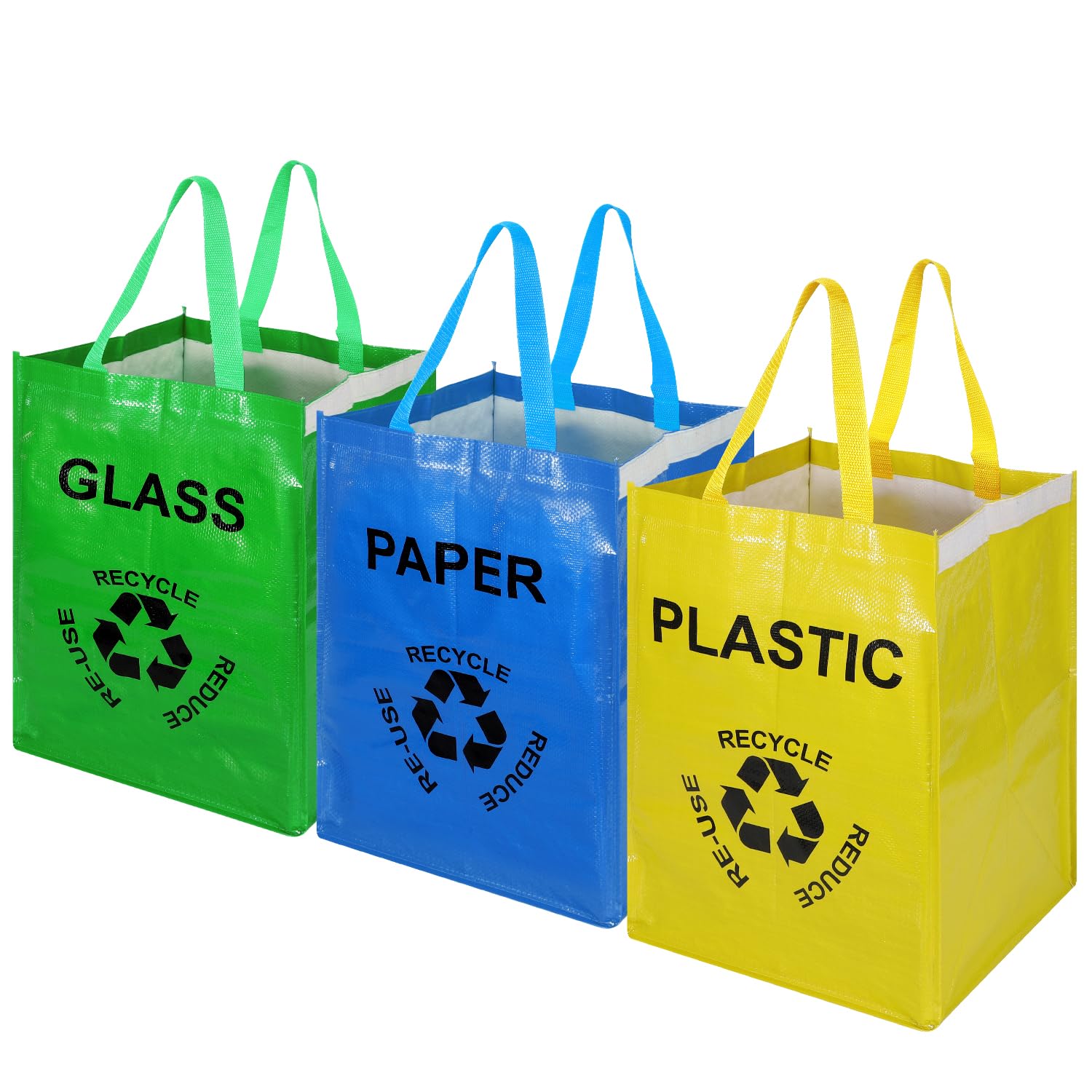 Vinsani Set of 3 Reusable Fabric Recycling Bags – Colour-Coded Durable Spacious Organiser Efficient Waste Sorting Home Office Kitchen for Glass Plastic and Paper Recycling