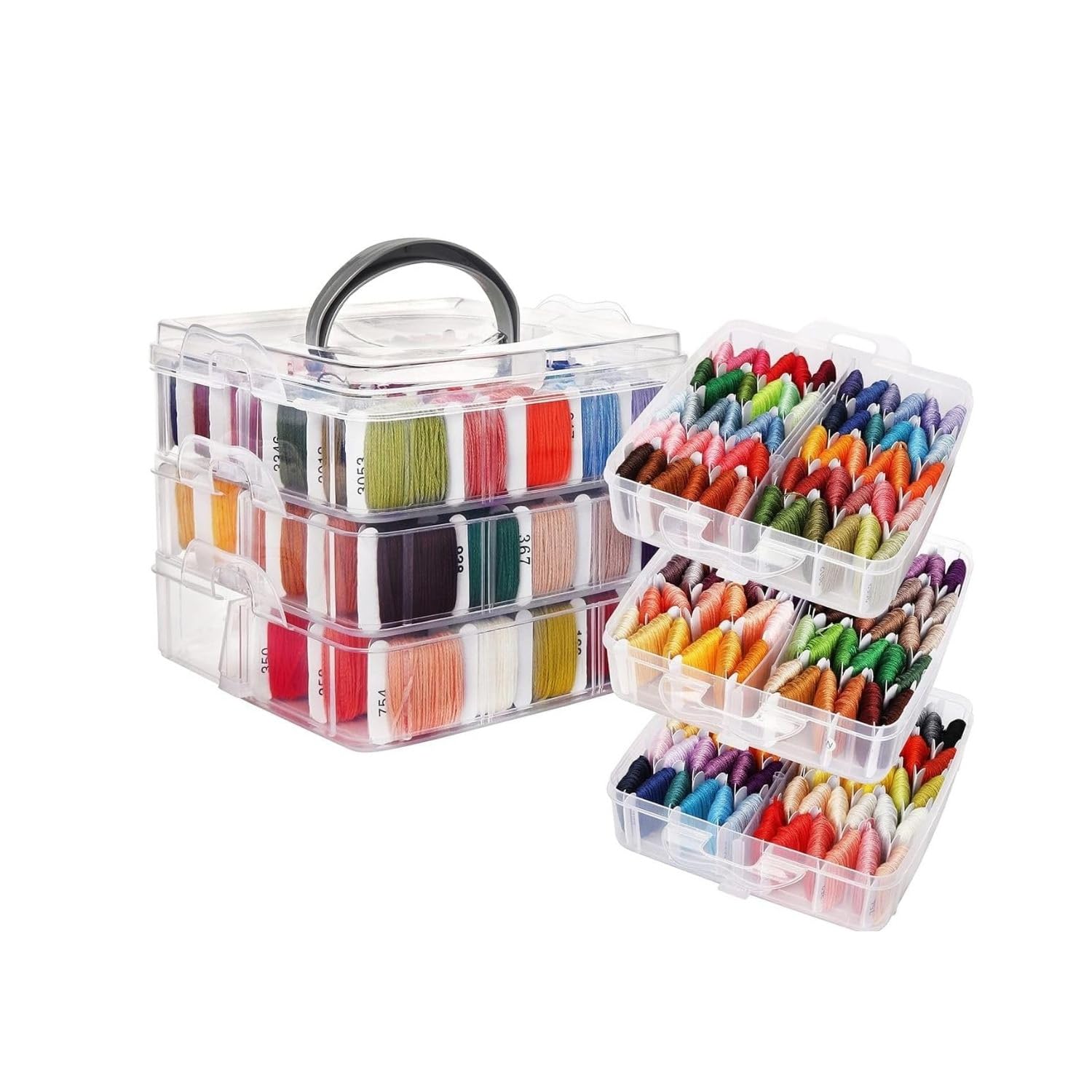 Wintem – Kit Ricamo con 150 Fili Colorati, Contenitore a 3 Livelli con 6 Scomparti, Accessori Inclusi per Punto Croce e Braccialetti, Ideale per Principianti e Ricamo Creativo