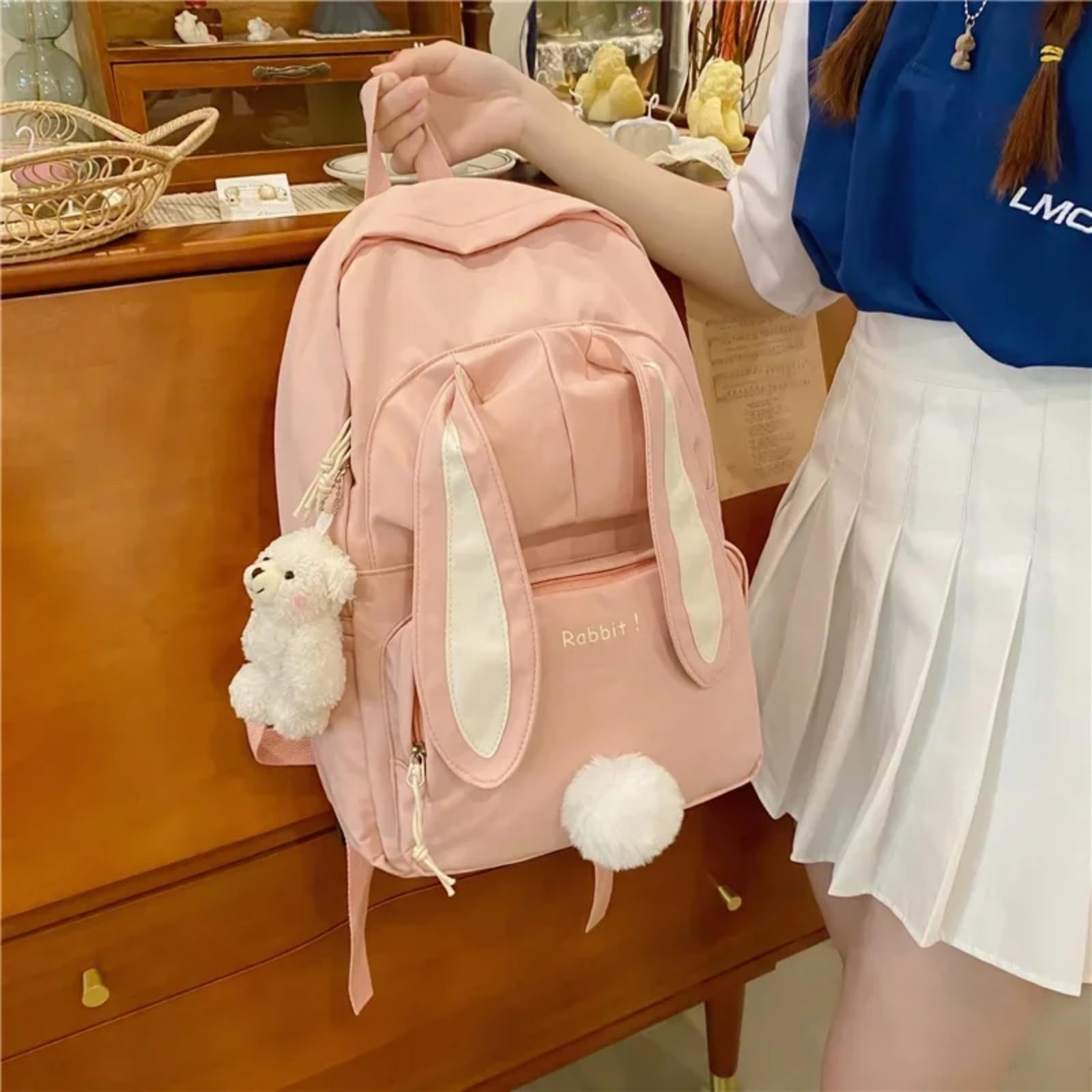 Mochila Linda De Nylon Oreja Conejo, Escolar Dibujos Animados Gran Capacidad Kawaii para El Uso Diario Viajes Las Niñas-Blue