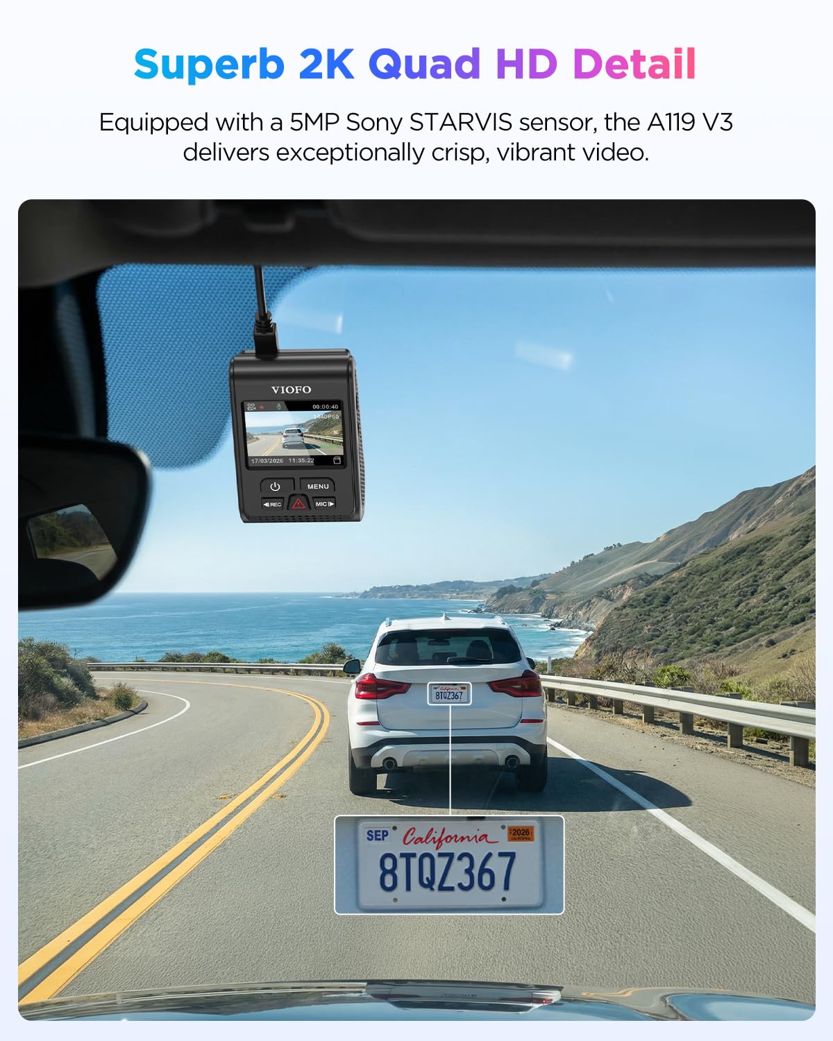 VIOFO Kamera samochodowa A119 V3 2K z GPS, True HDR, buforowany tryb parkowania, 2560 x 1440P Quad HD+, ultra wyraźny noktowizor, szeroki kąt 140°, wykrywanie ruchu, czujnik G, poklatkowy