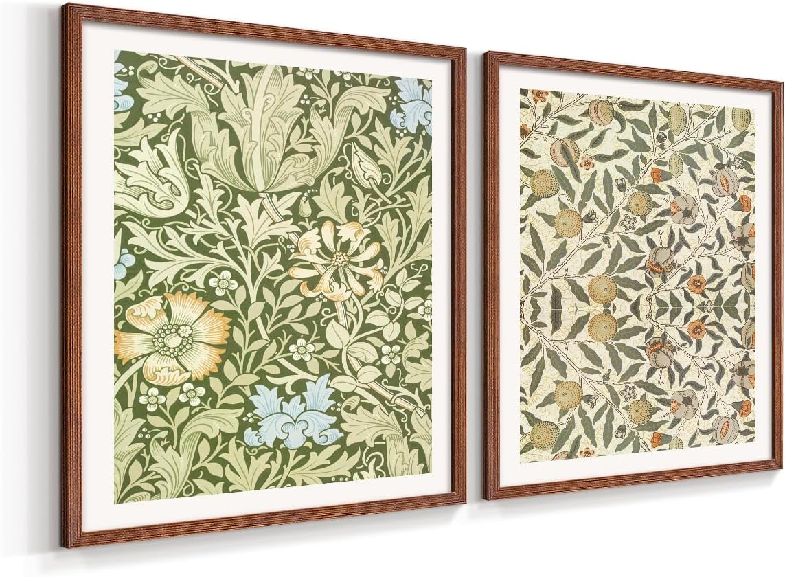 Renditions Gallery Set of 2 Peel & Stick Framed Prints, Abstract Wall Art, Green and Gold Botanical Wall Decor, Re-Stickable - Ready to Hang - 16"x20" - Walnut Frame GAL044