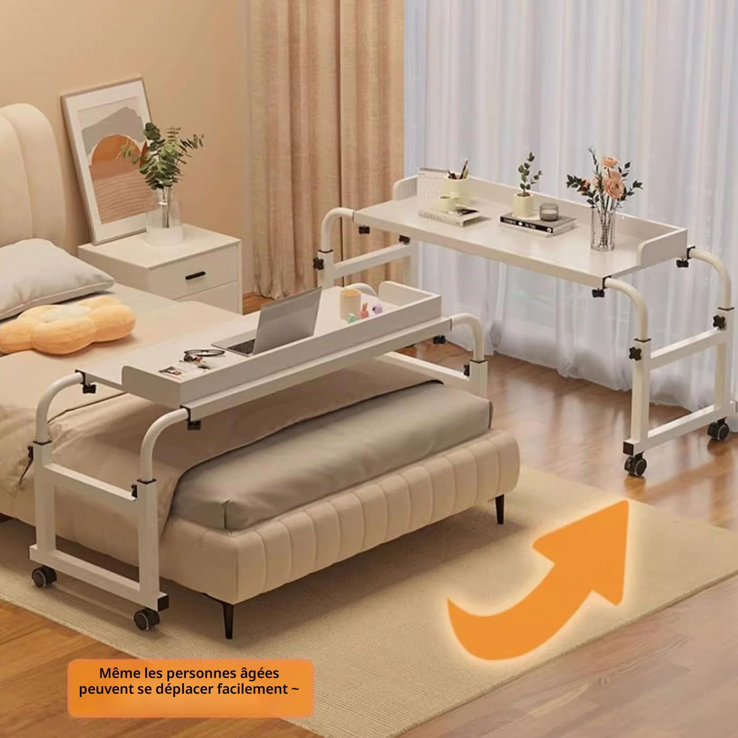 Bureau à roulettes sur Le lit avec roulettes，Table de lit réglable en Hauteur avec pivotantes (Color:Bois)