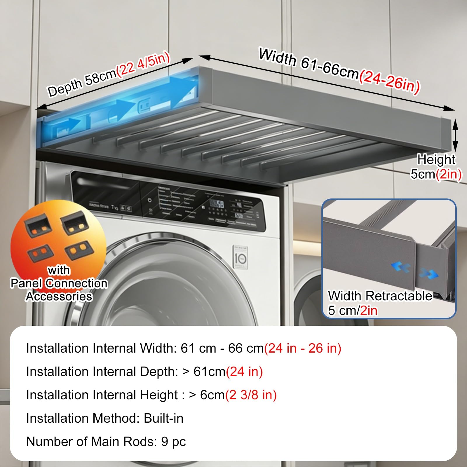 Wäscheständer über Waschmaschine Ausziehbarer Kleiderständer Auf Der Oberseite Der Waschmaschine, Breitenverstellbarer, Ausziehbarer Hosenständer, Platzsparend(Gray,24-26in/61-66cm)