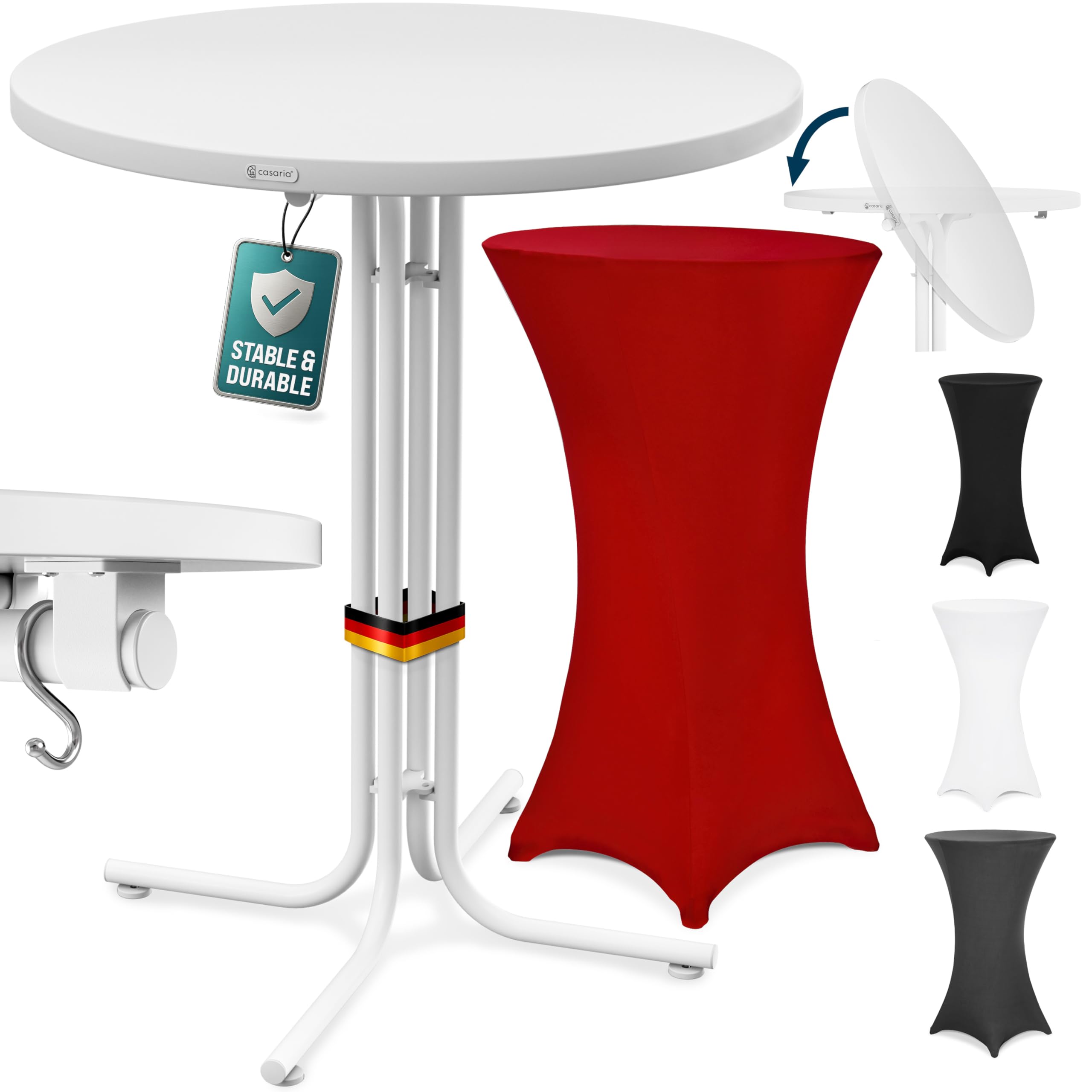 CASARIA® Round Bar Table with Slip Cover | 110 High | 80cm Diameter | Foldable & Easy To Transport | Powder Coated Metal | Stable Bistro Bar Party | Weatherproof | White with Red Cover