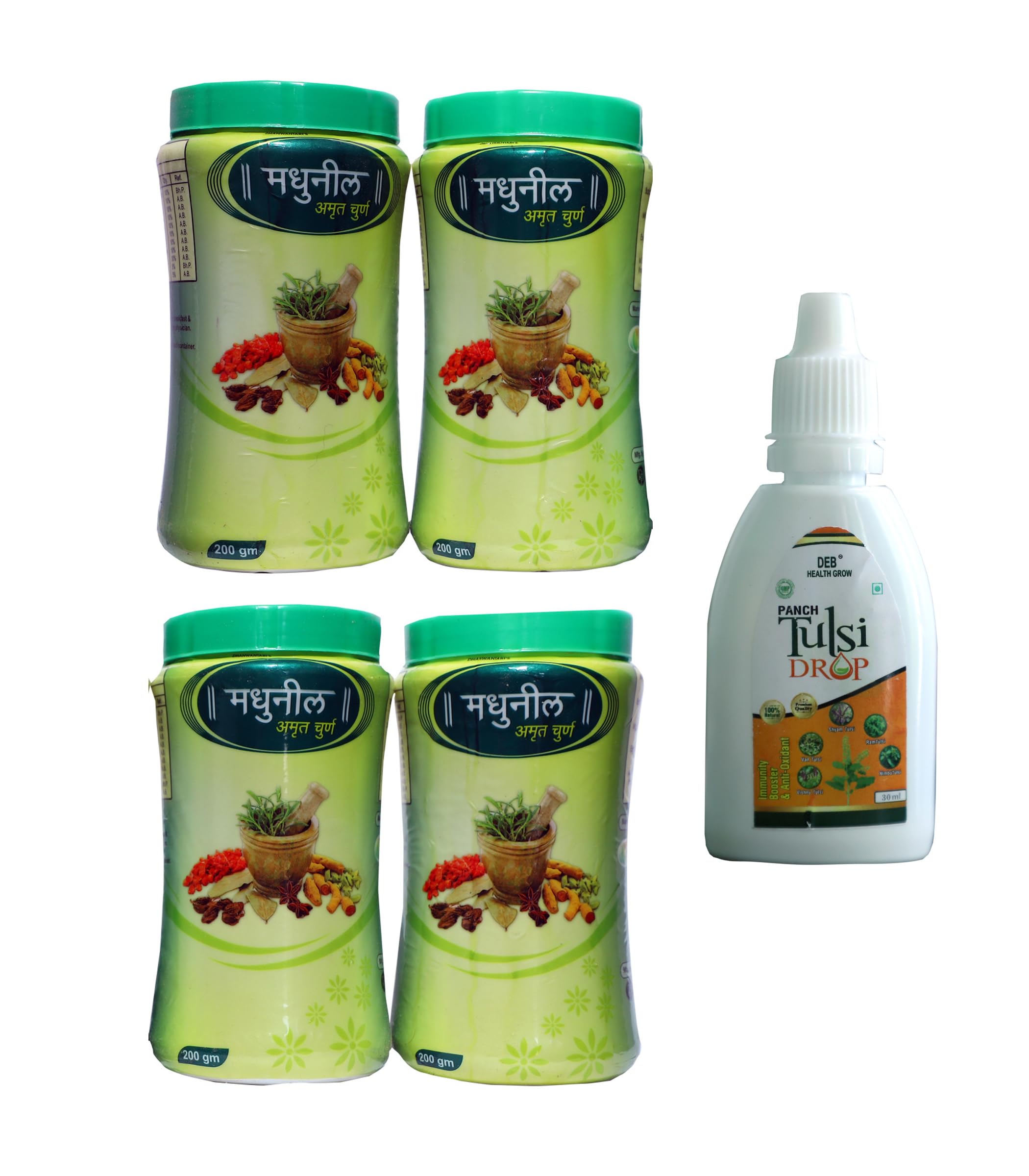 Dhanwantari Madhuneel Amrut Churan 200gm 4 Bottle And Free Deb Health Grow Panch Tulsi Drop Immunity Booster & Anti-Oxidant 30M (Pack of 5) (B0C95292ZJ) Amazon Price History, Amazon Price Tracker