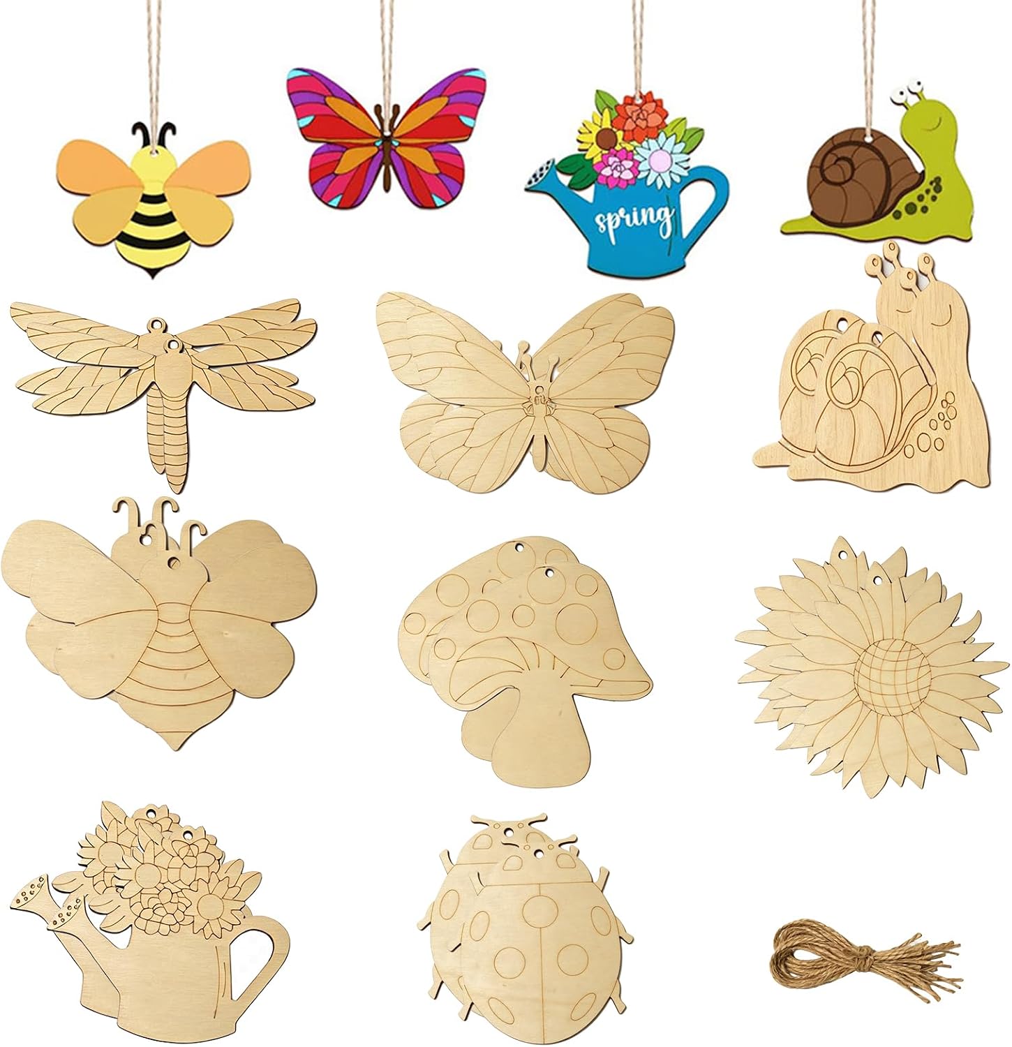 24 Pcs Butterflies for Crafts Bees Snails Dragonflies Mushrooms Flower Unfinished Wood Crafts for Hanging Ornaments DIY Painting Art Projects