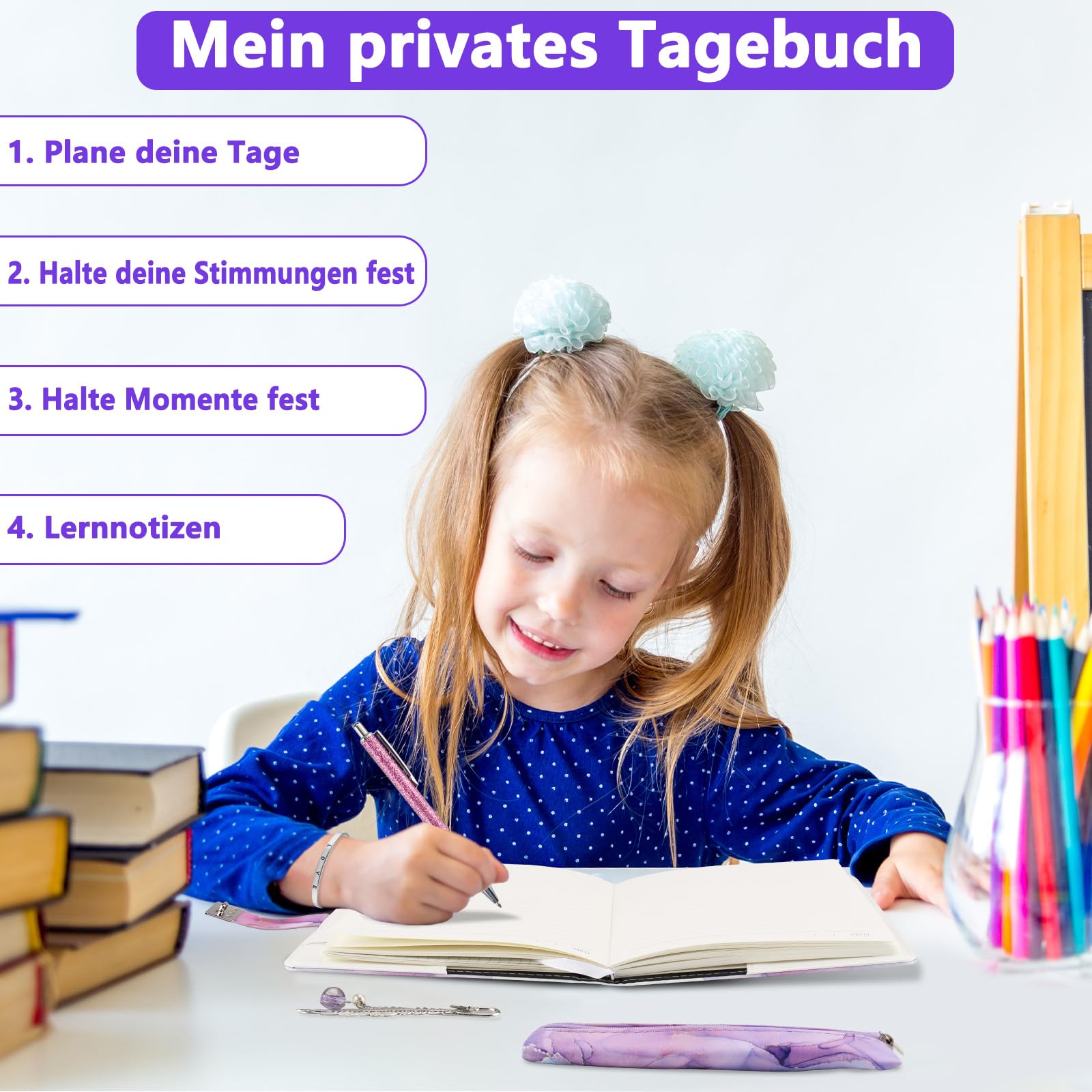 Pamiętnik z kodem dla dziewcząt, format A5, zestaw do pisania dla dziewcząt z zamkiem szyfrowym, dziennik nastolatków z zamkiem w kolorze fioletowym, pudełko prezentowe z piórnikiem
