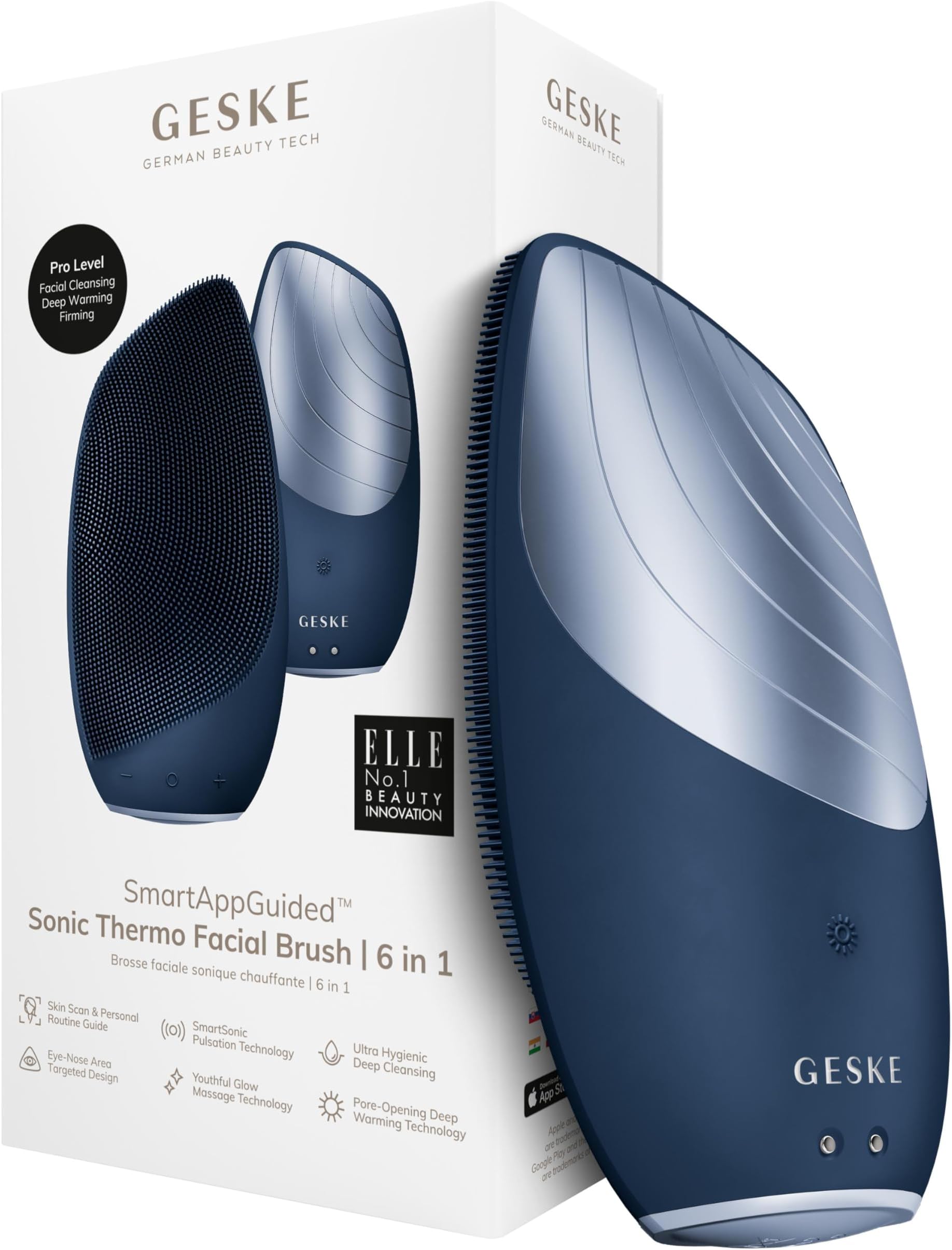 GESKE SmartAppGuided Sonic Thermo Facial Brush | 6 in 1 | Skin Cleansing | Cleansing Brush with Thermal Function | Electric Facial Massager