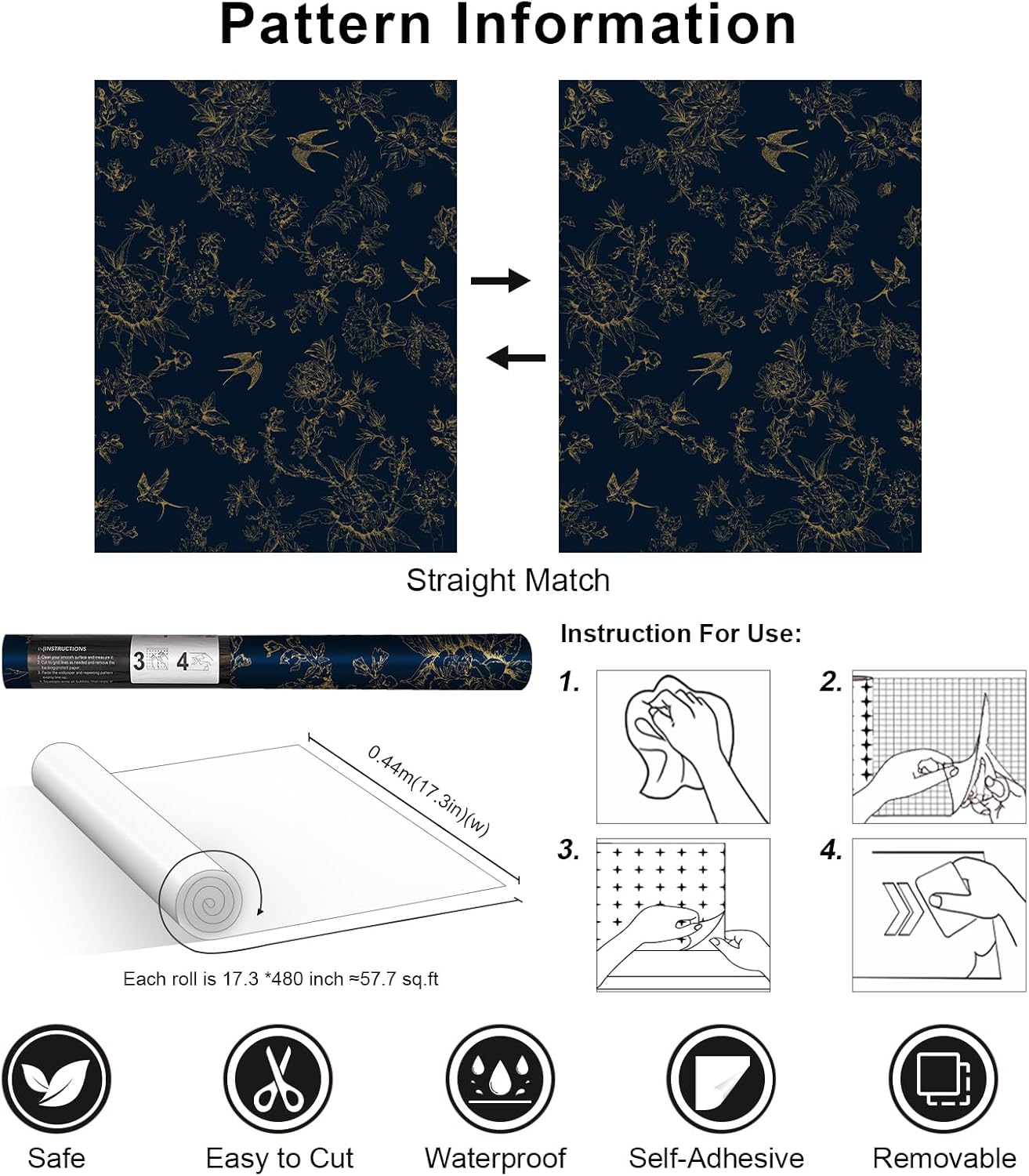 Simon&Siff Dark Blue and Glod Wallpaper Peel and Stick Vintage Floral Birds Contact Paper Removable Self Adhesive Wall Paper for Bedroom Cabinets Decor 480" x 17.3"