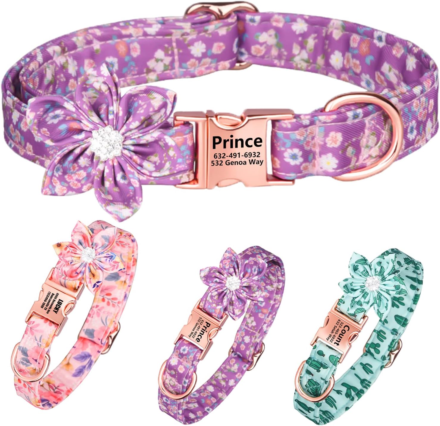 Personalized Dog Collar with Daisy Tie, Engraved Pet Name