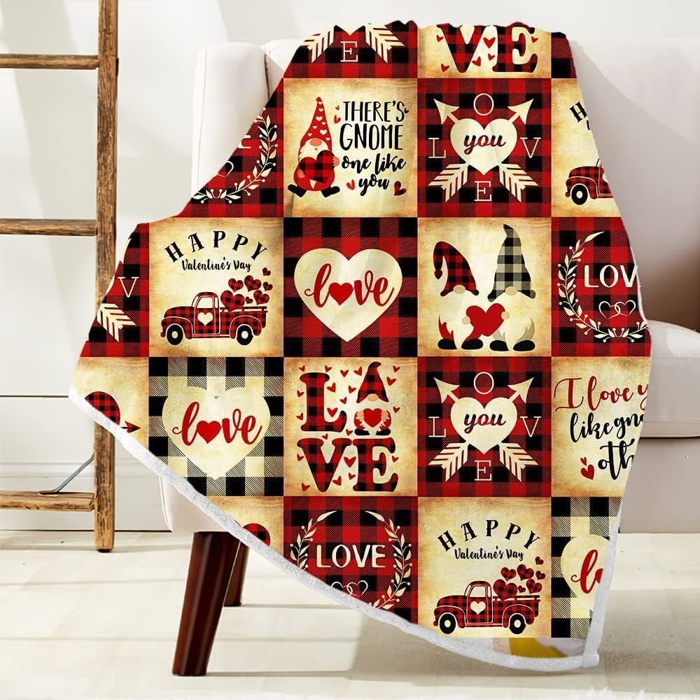 Happy Valentine's Day Throw Blanket, Buffalo Check Plaid Red Truck Gnomes Couples Lovers Lunch Rest Blanket, Cupid Sword Sweet Heart Blankets for Bed Couch Sofa 60X80IN